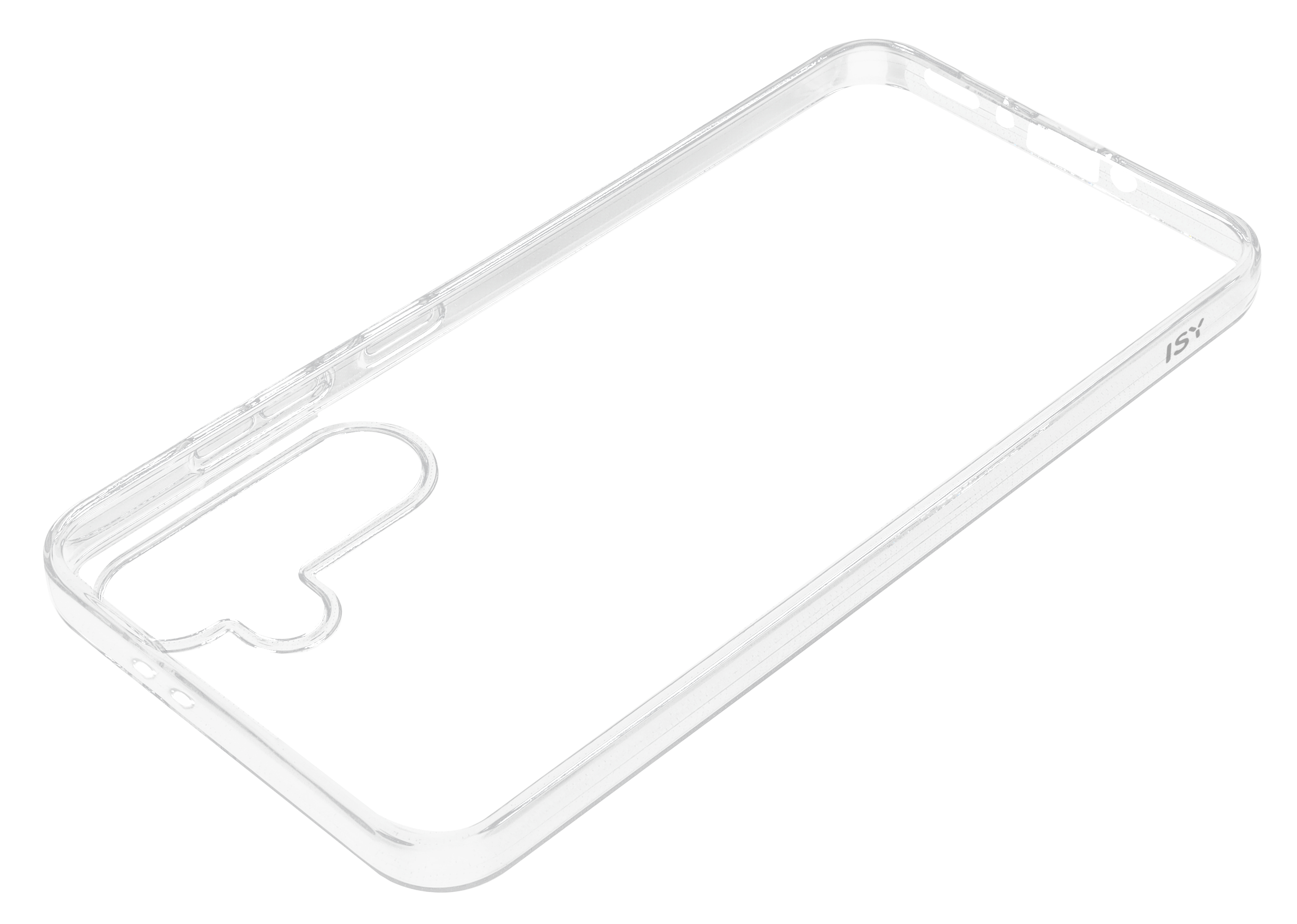 Eine transparente Handyhülle auf weißem Hintergrund. Die Hülle ist transparent mit Kameraausschnitt.