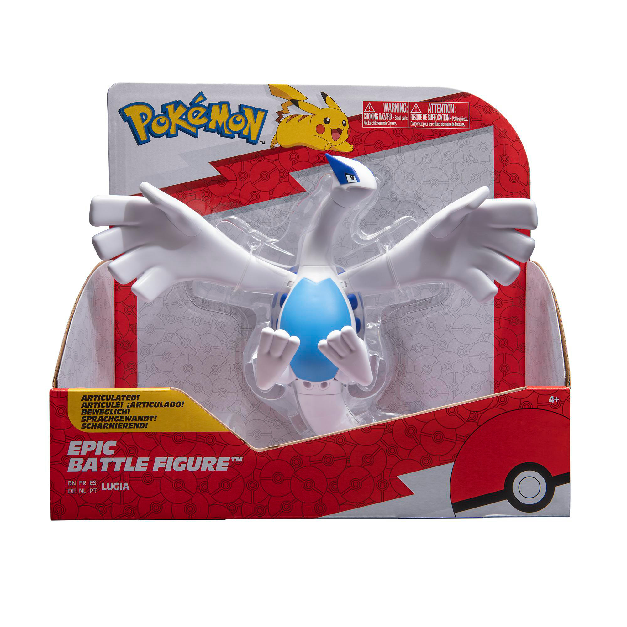 Pokemon-Figur in Box. Weißer und blauer Lugia mit ausgebreiteten Flügeln. Rote und gelbe Box.
