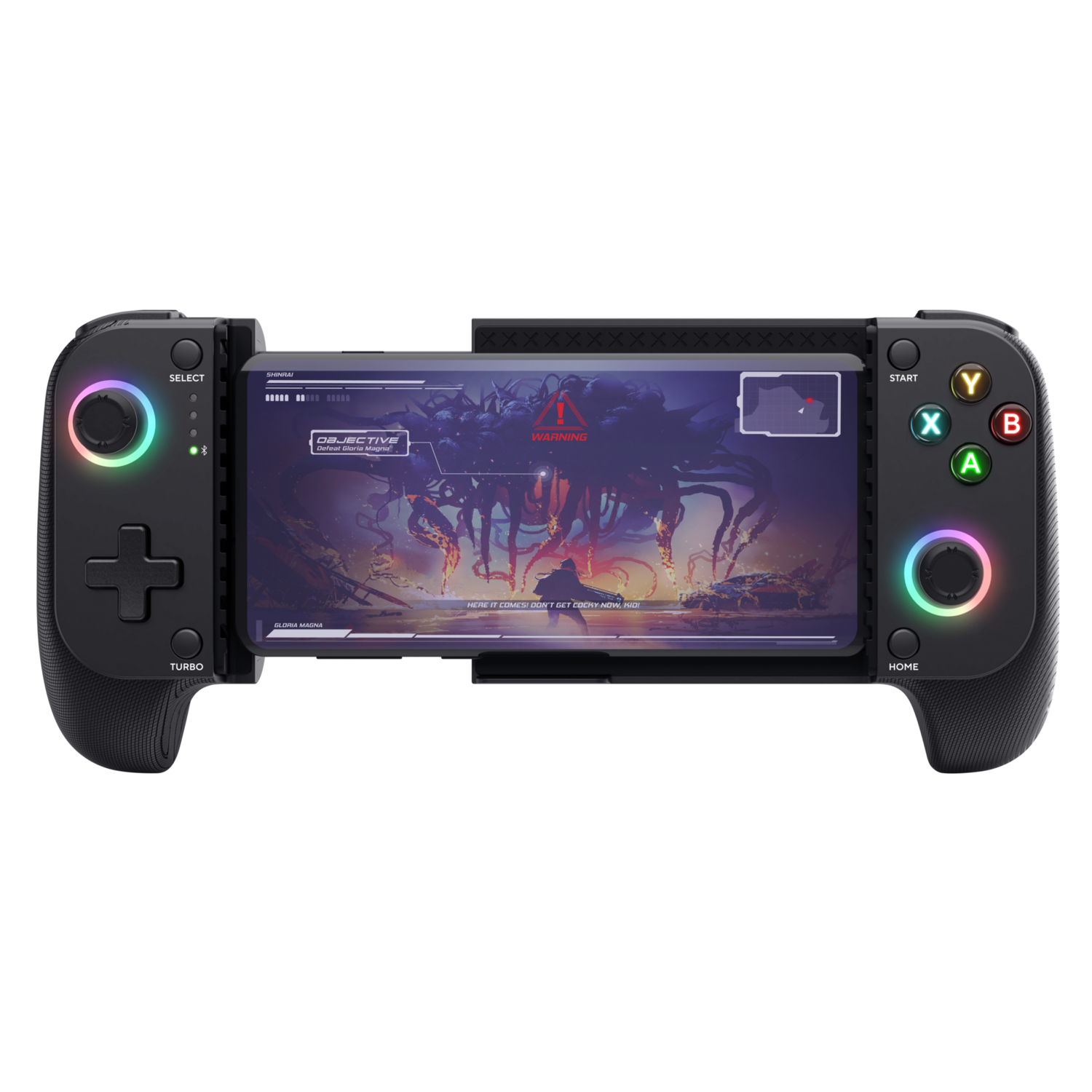 A game controller holds a smartphone displaying a warning screen.