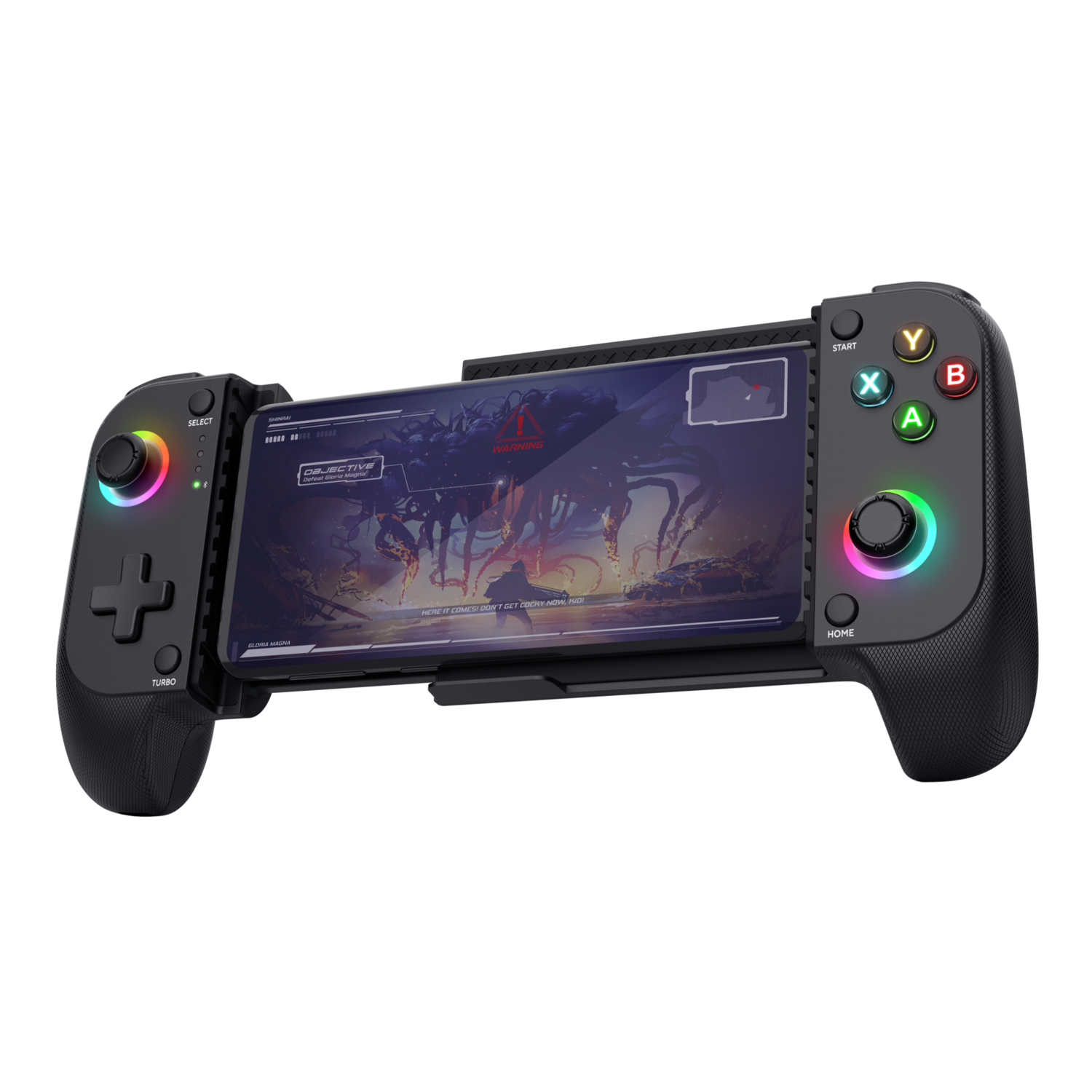 A black game controller with a phone attached, displaying a game screen.