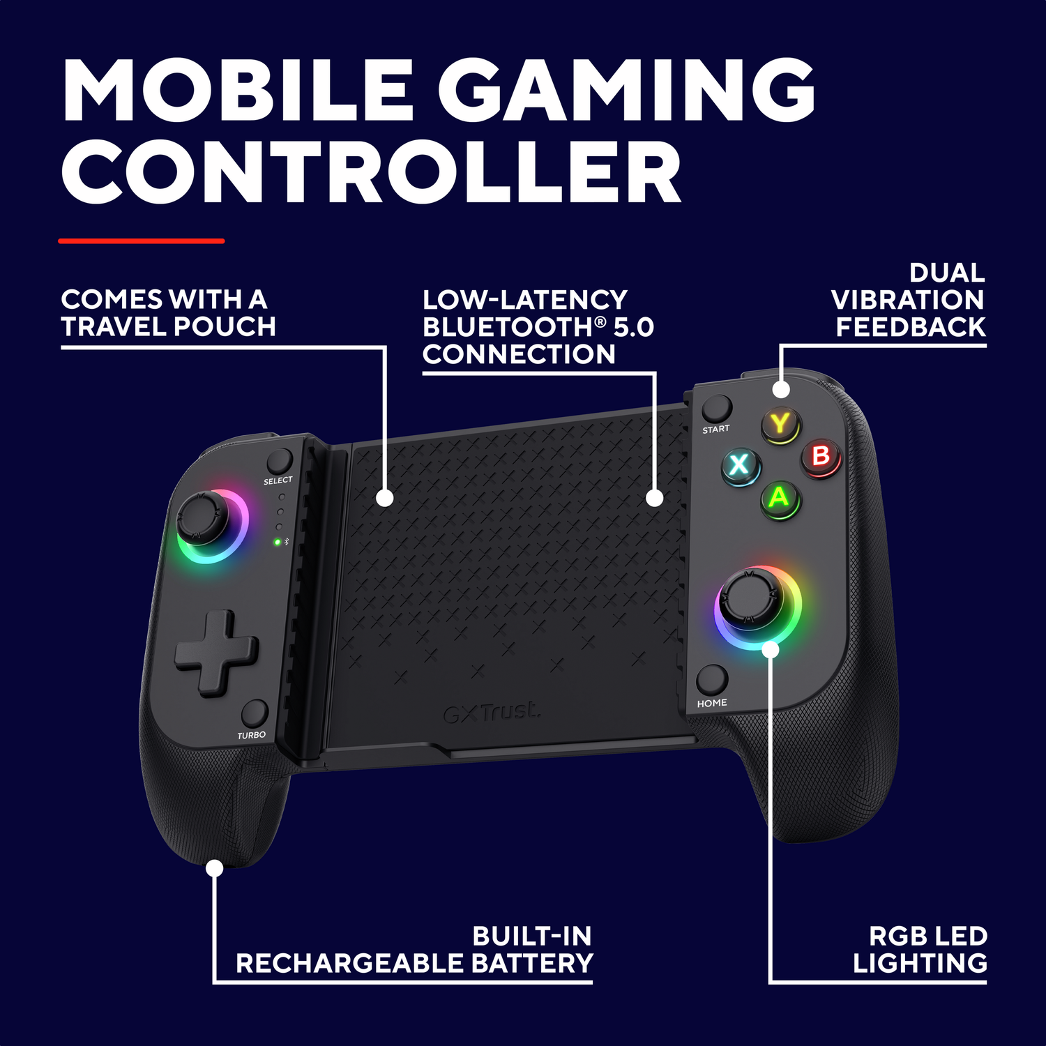Black gaming controller with colorful buttons and lights.