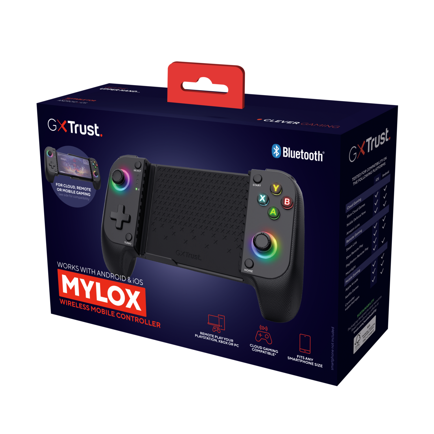A black game controller box with a red handle and colorful buttons. It has a smartphone image.