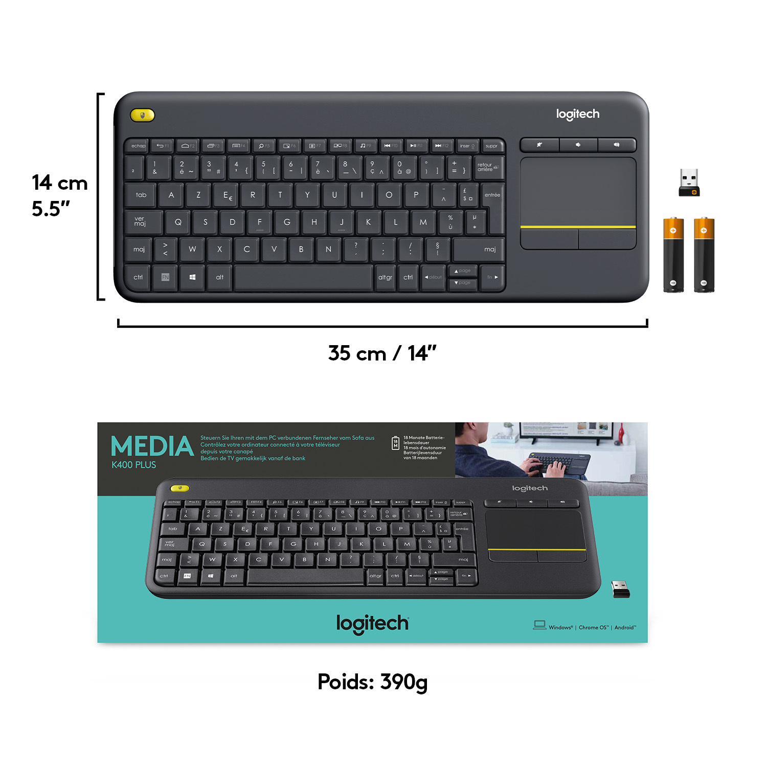 Un clavier Logitech noir avec pavé tactile, à côté d'un récepteur USB et de piles, avec des dimensions.