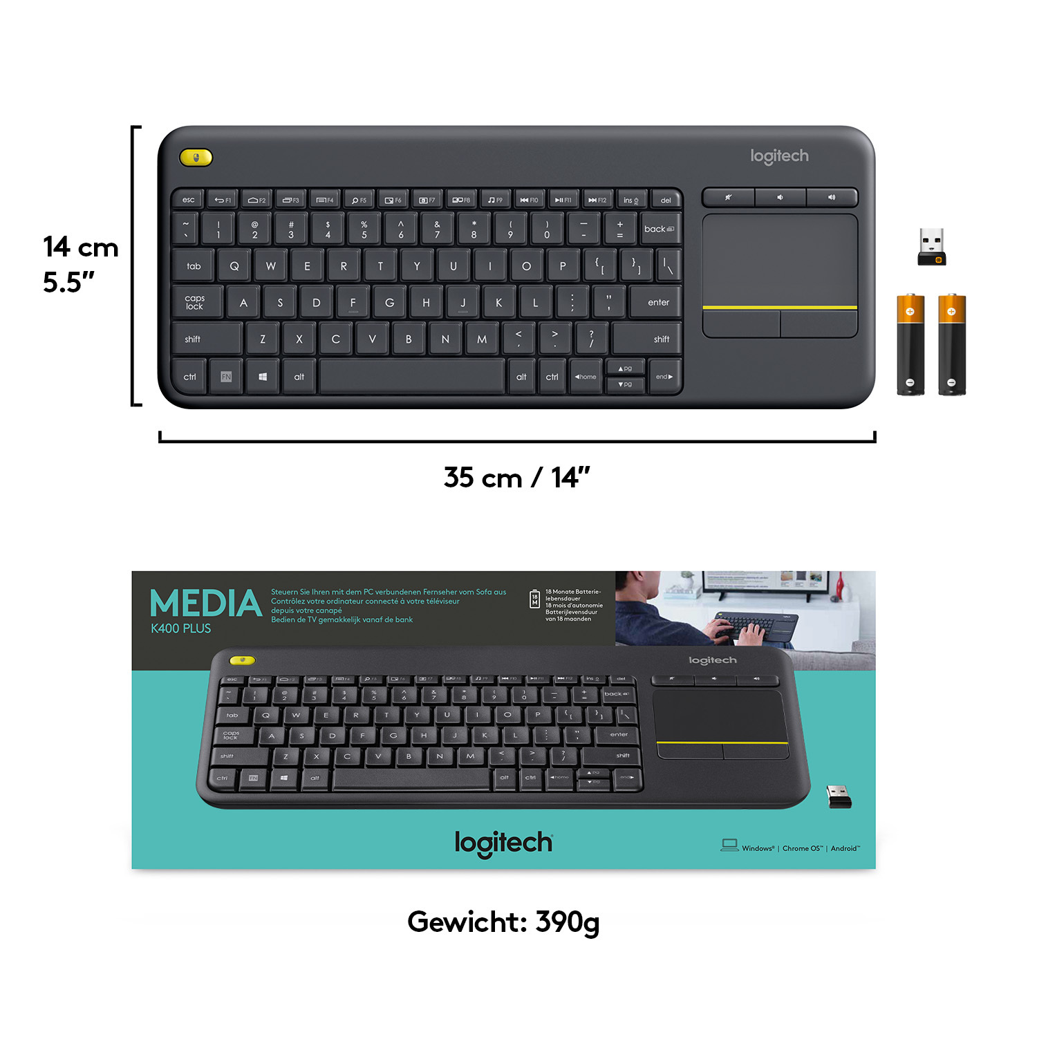 A dark grey keyboard with a touch pad and yellow accents.