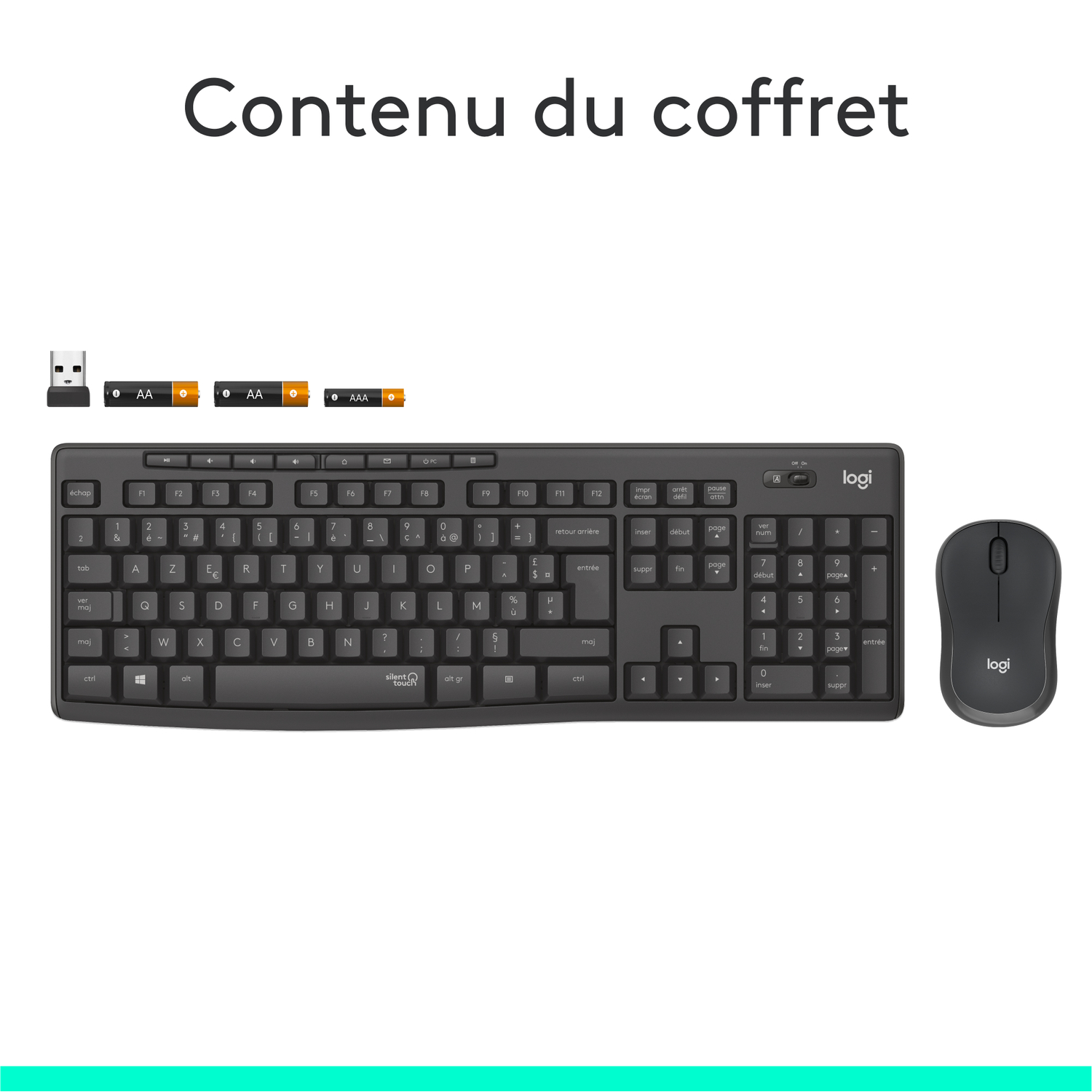 Un clavier et une souris noirs avec des piles et un récepteur USB.