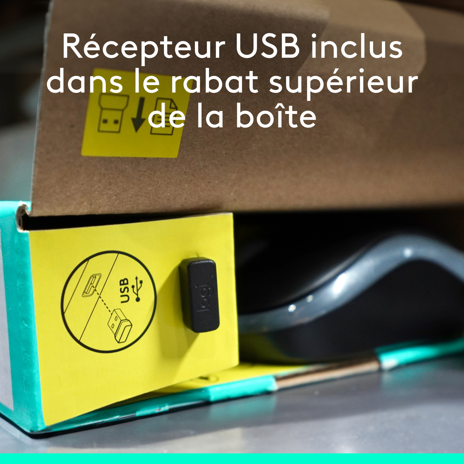 Récepteur USB dans le rabat supérieur de la boîte.
