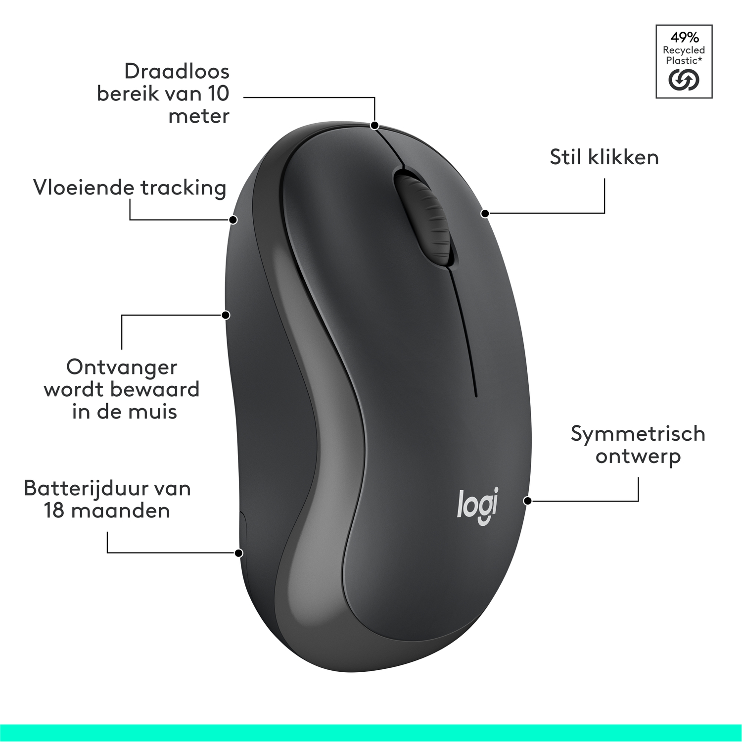 Black mouse. Features include silent clicks, ambidextrous design.