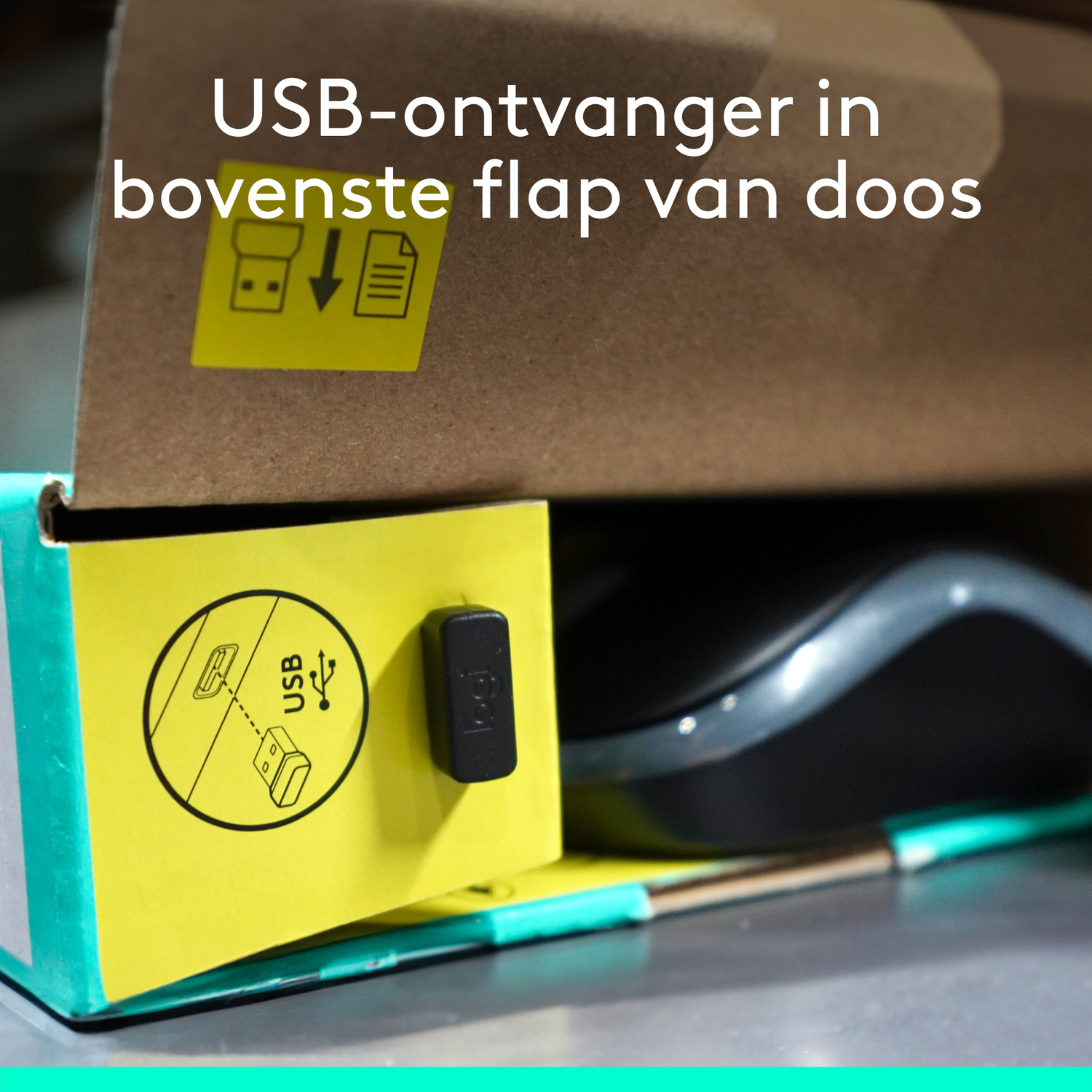 USB receiver in the top flap of the box.