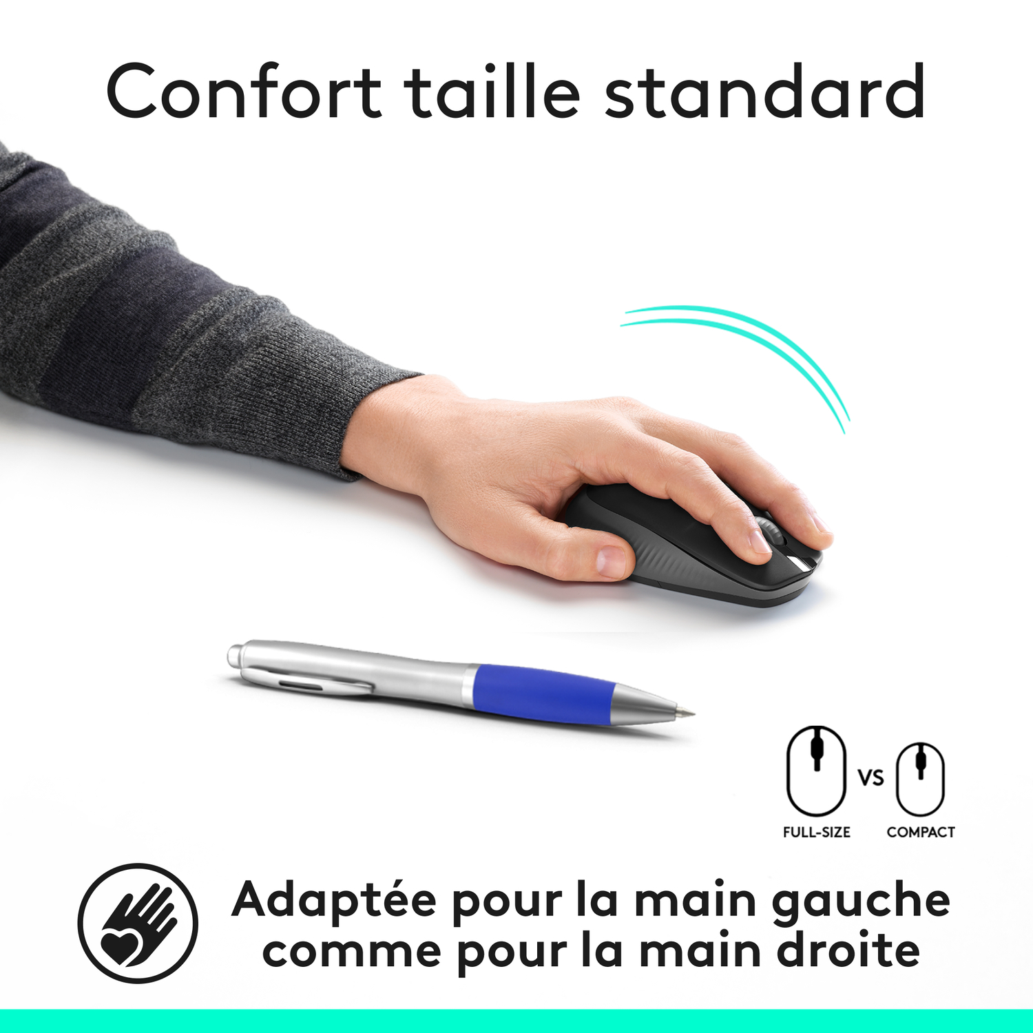 Une main utilise une souris d'ordinateur noire. Un stylo bleu est en dessous.