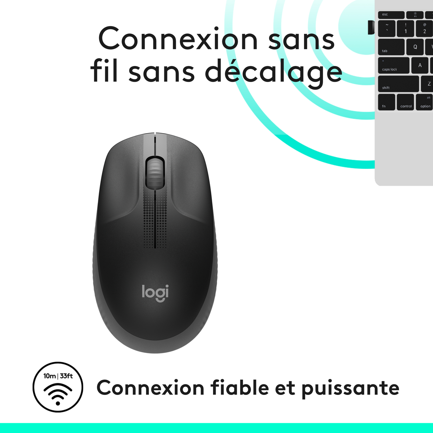 Souris sans fil avec logo et le texte 'Connexion fiable et puissante'.