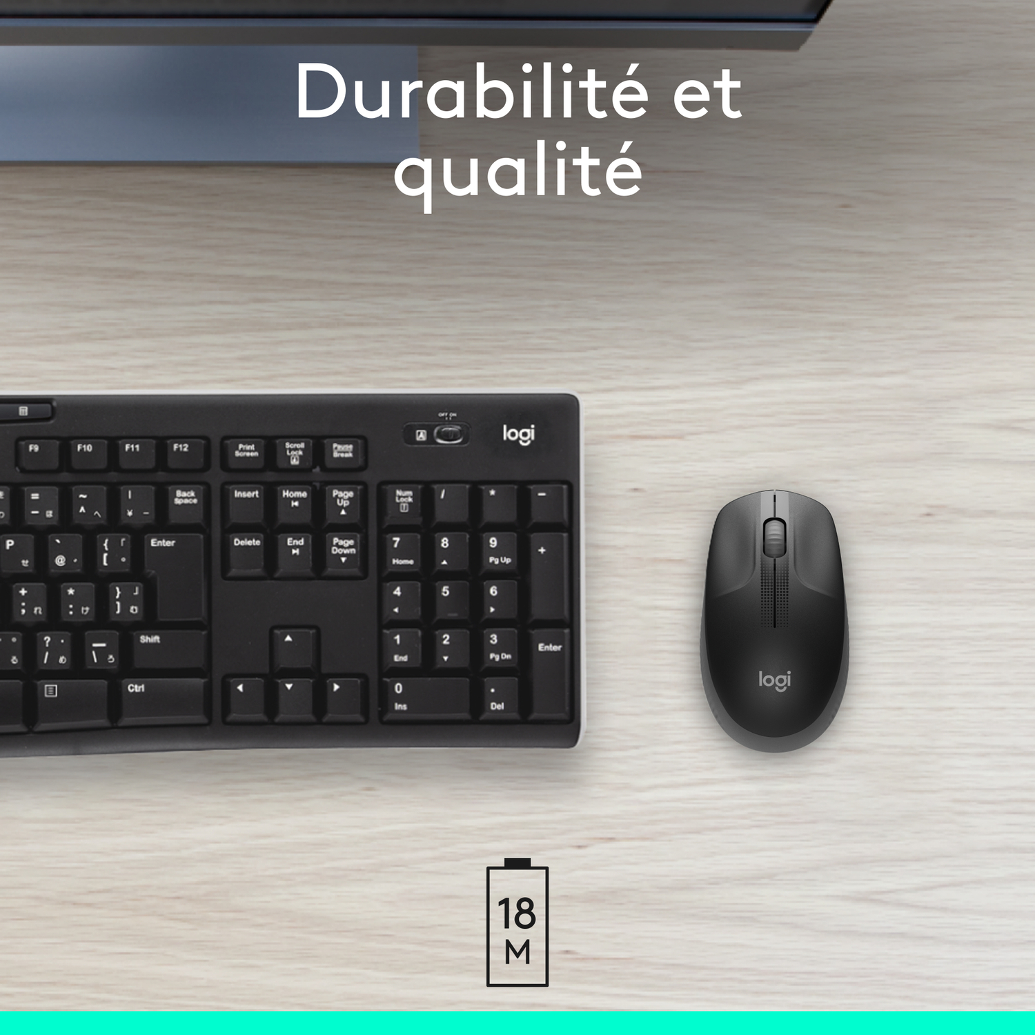 Clavier noir avec souris, texte: Durabilité et qualité, et icône de batterie.