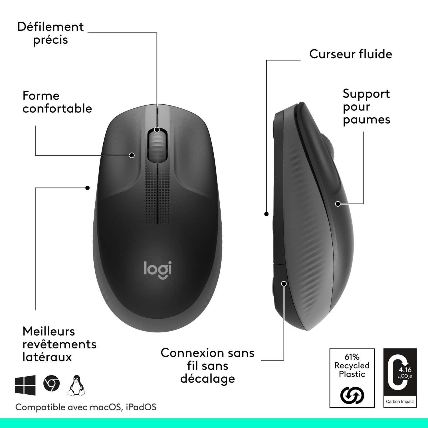 Souris noire avec boutons latéraux, logo Logi et icônes Windows, Chrome et Linux.