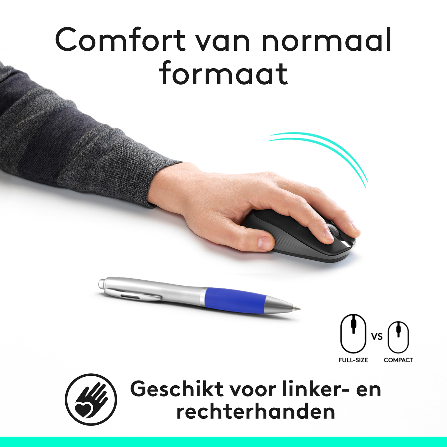 Hand using mouse, next to a pen. Text: Comfort of a normal size, suitable for left and right.