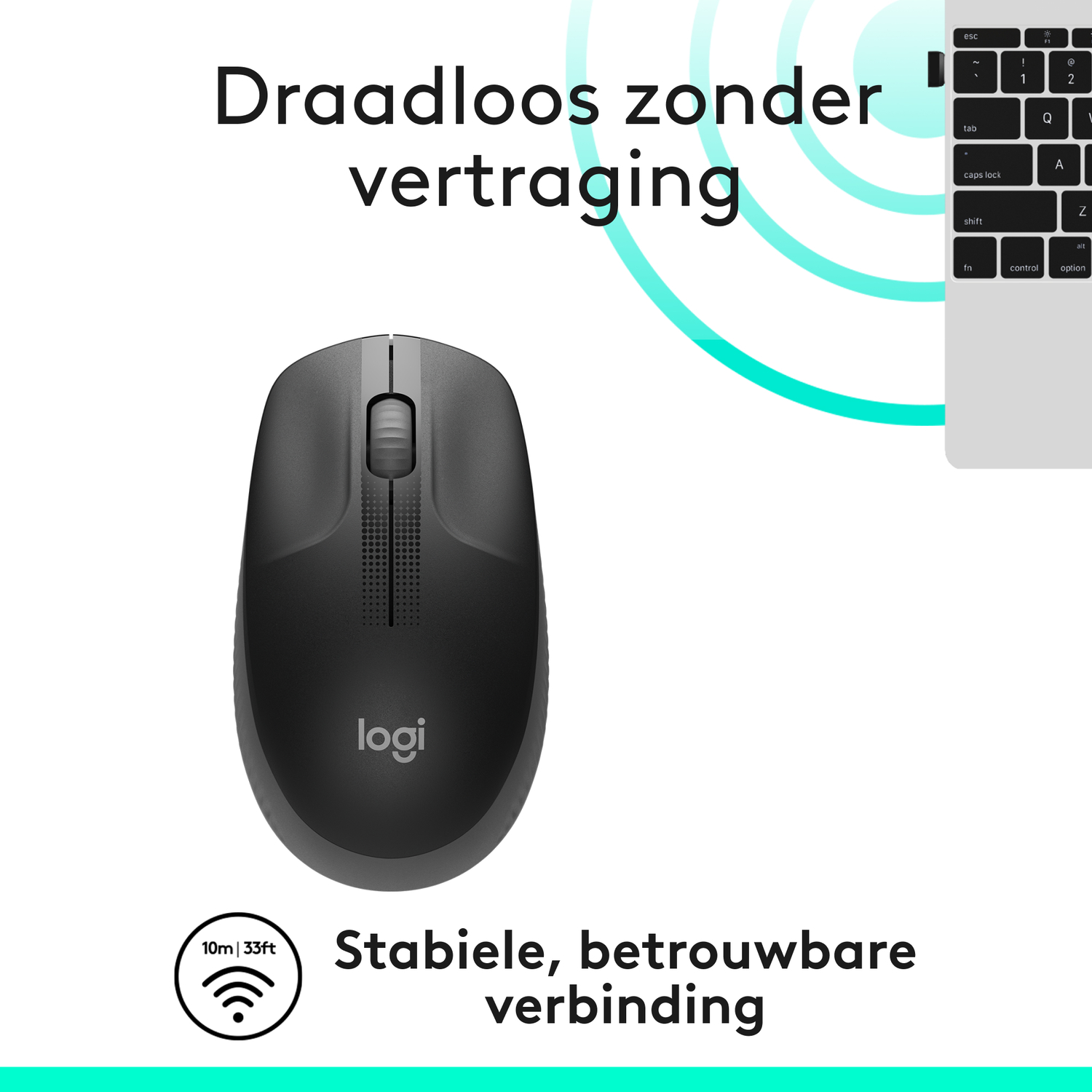 Wireless black Logitech mouse, with text 'Stable, reliable connection' and wifi icon.
