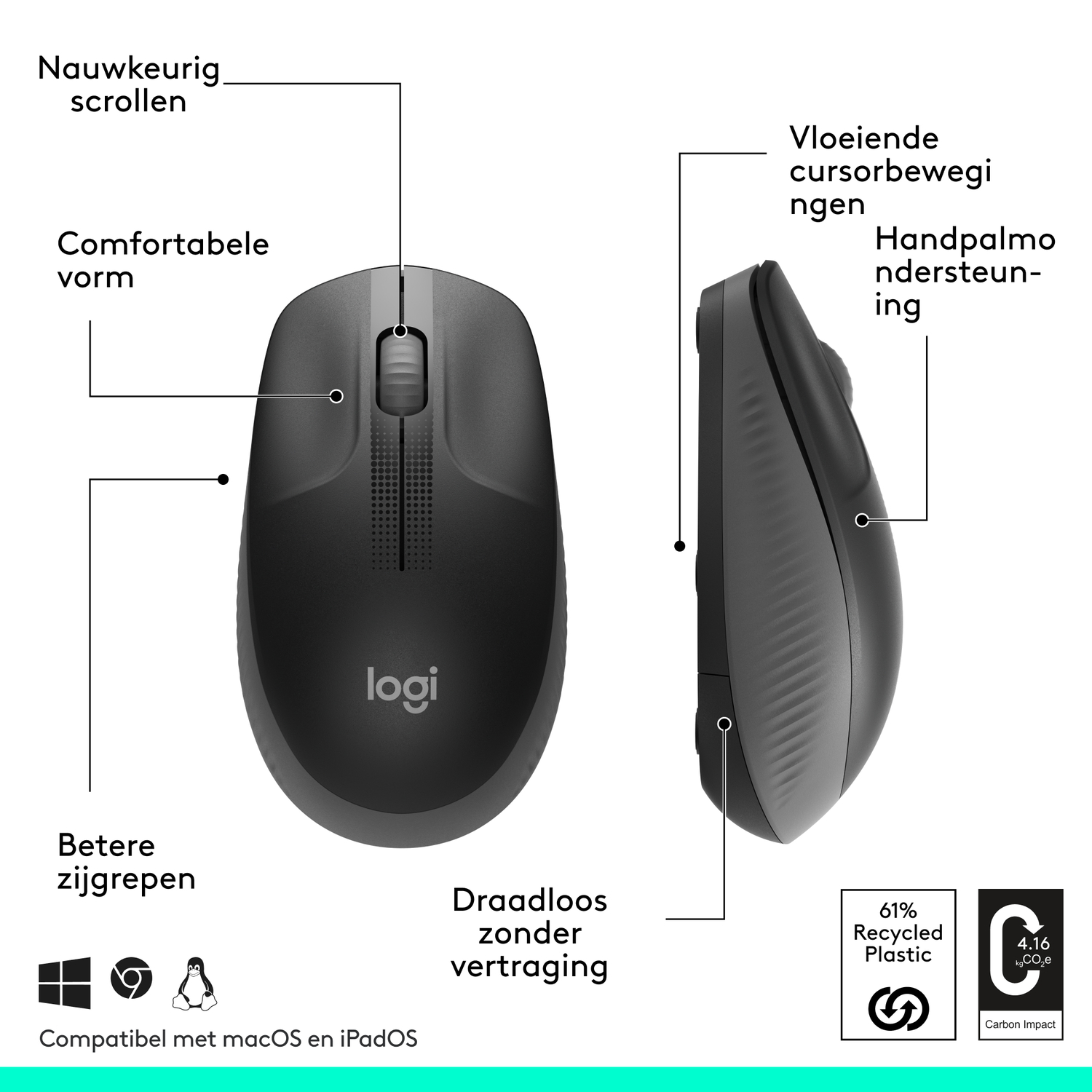 Black Logitech wireless mouse, labeled with features and compatibility.