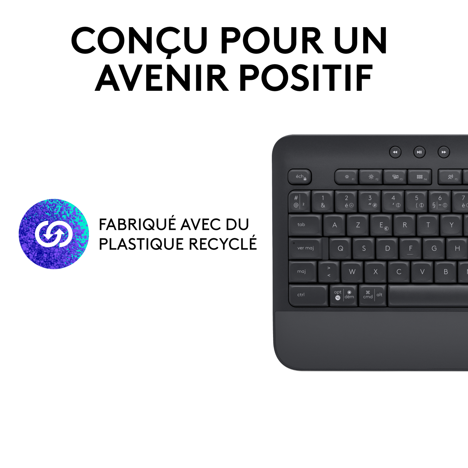 Black keyboard with recycled plastic info. Text: Designed for a positive future.