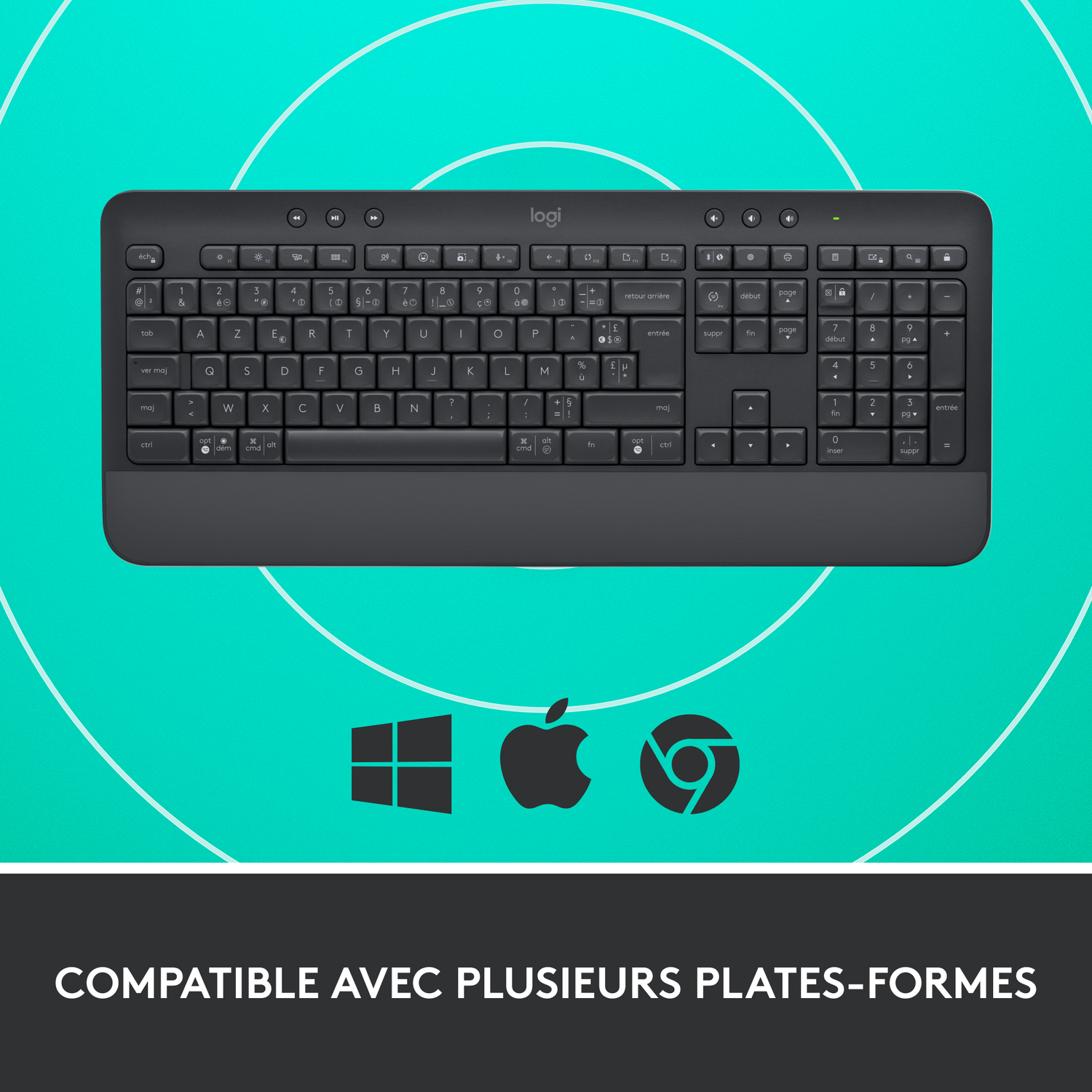 Clavier noir avec logos Windows, Apple et Chrome.