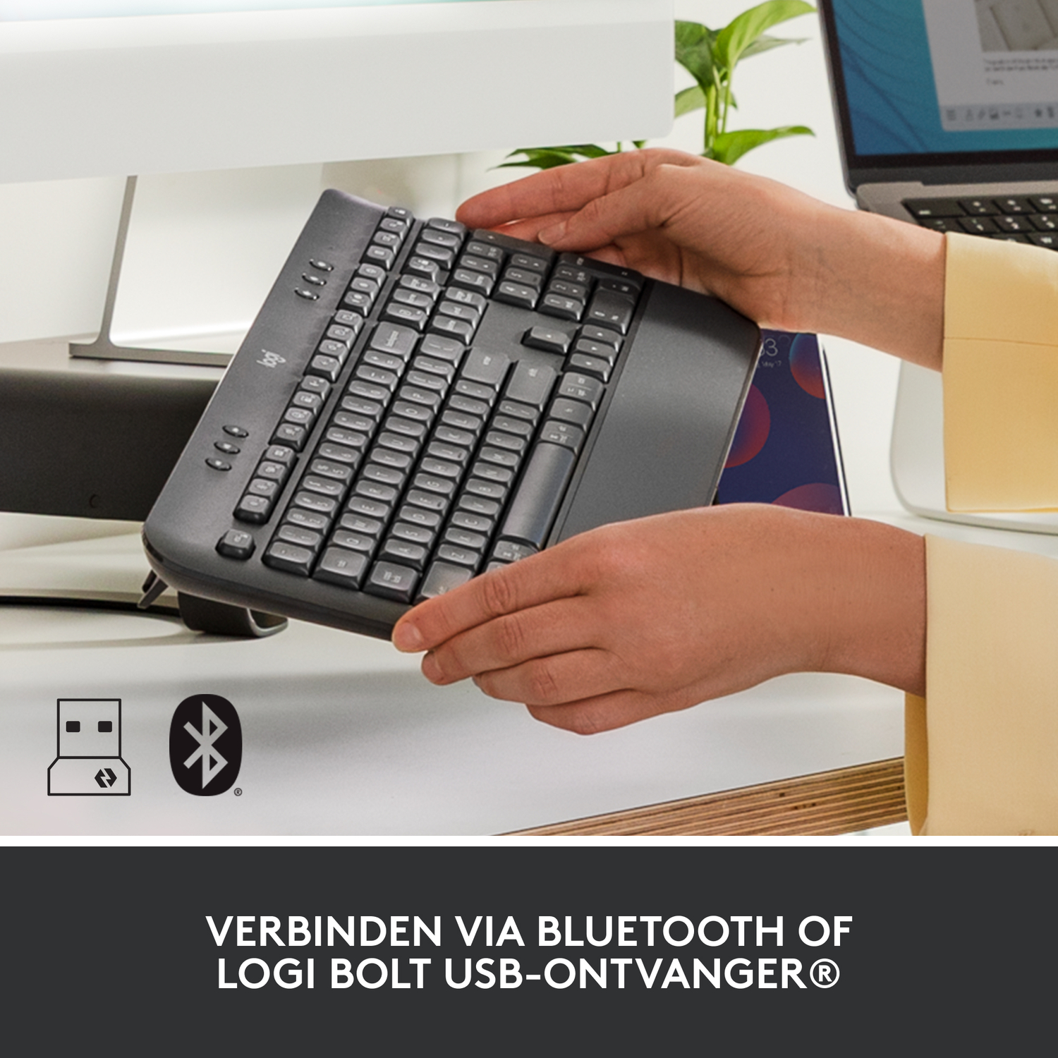 Hands holding a keyboard, showing USB and Bluetooth symbols. Text: Connect via Bluetooth or Logi Bolt USB receiver.