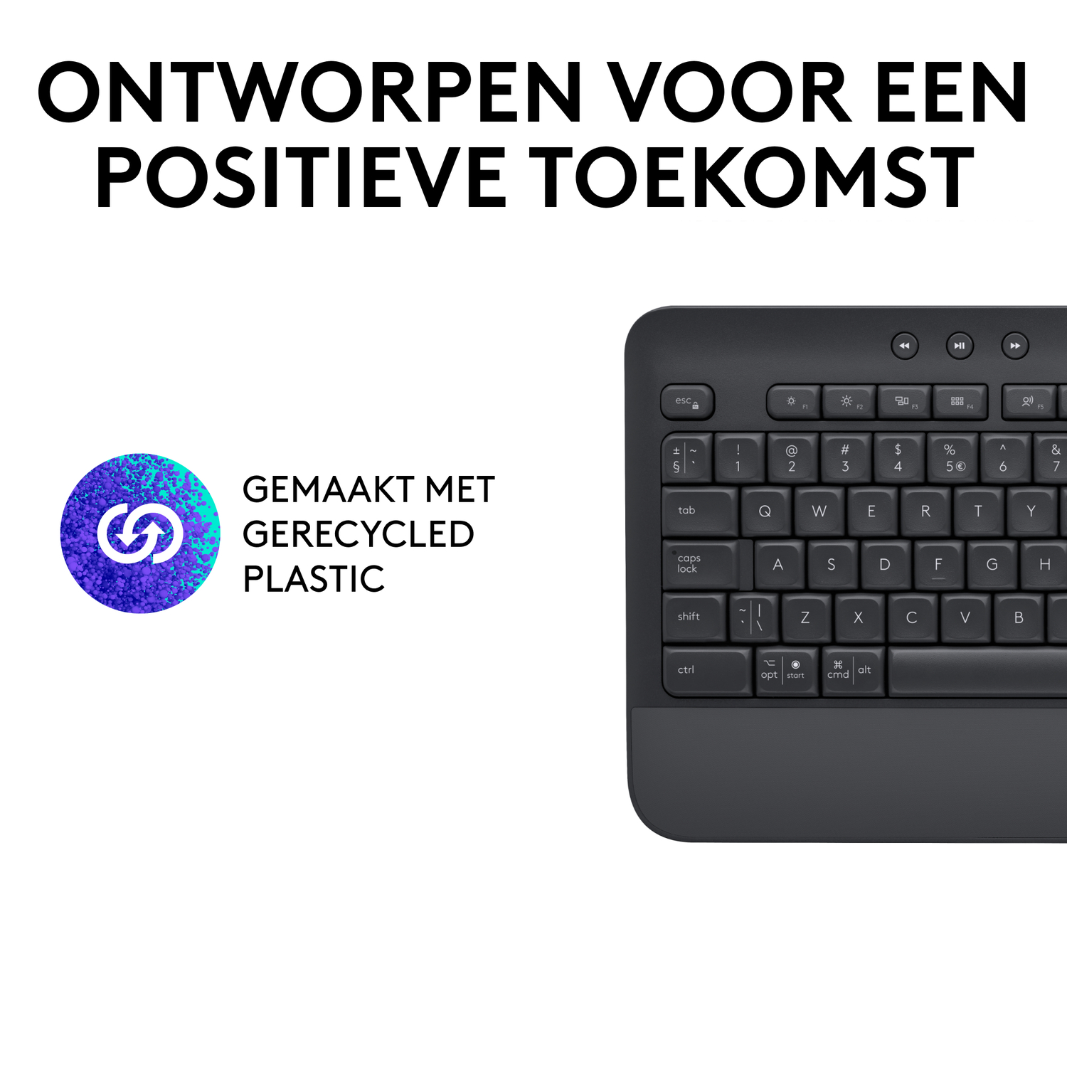 Keyboard with recycled plastic logo and text.