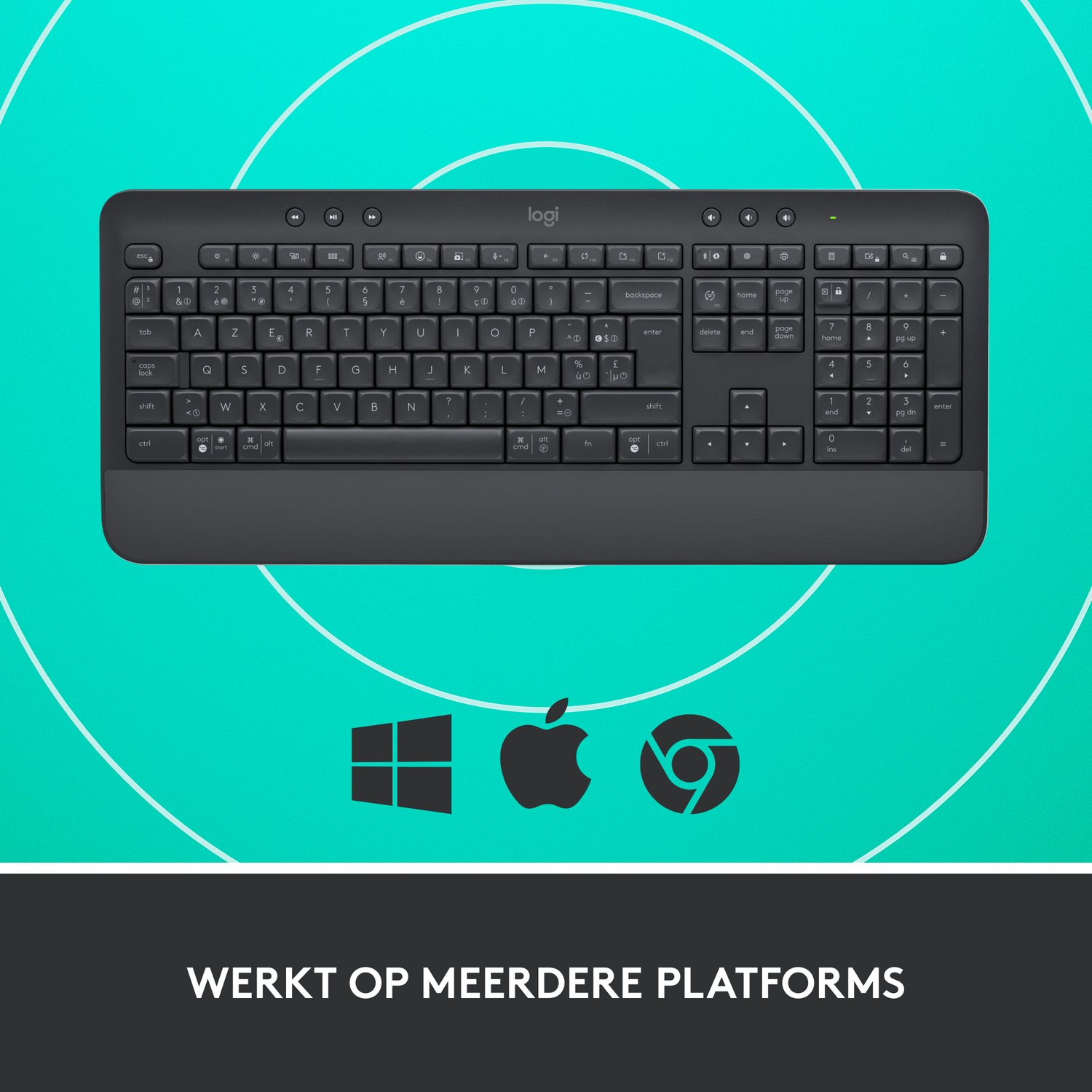 Keyboard with Windows, Apple, and Chrome OS logos. Text: Works on multiple platforms.