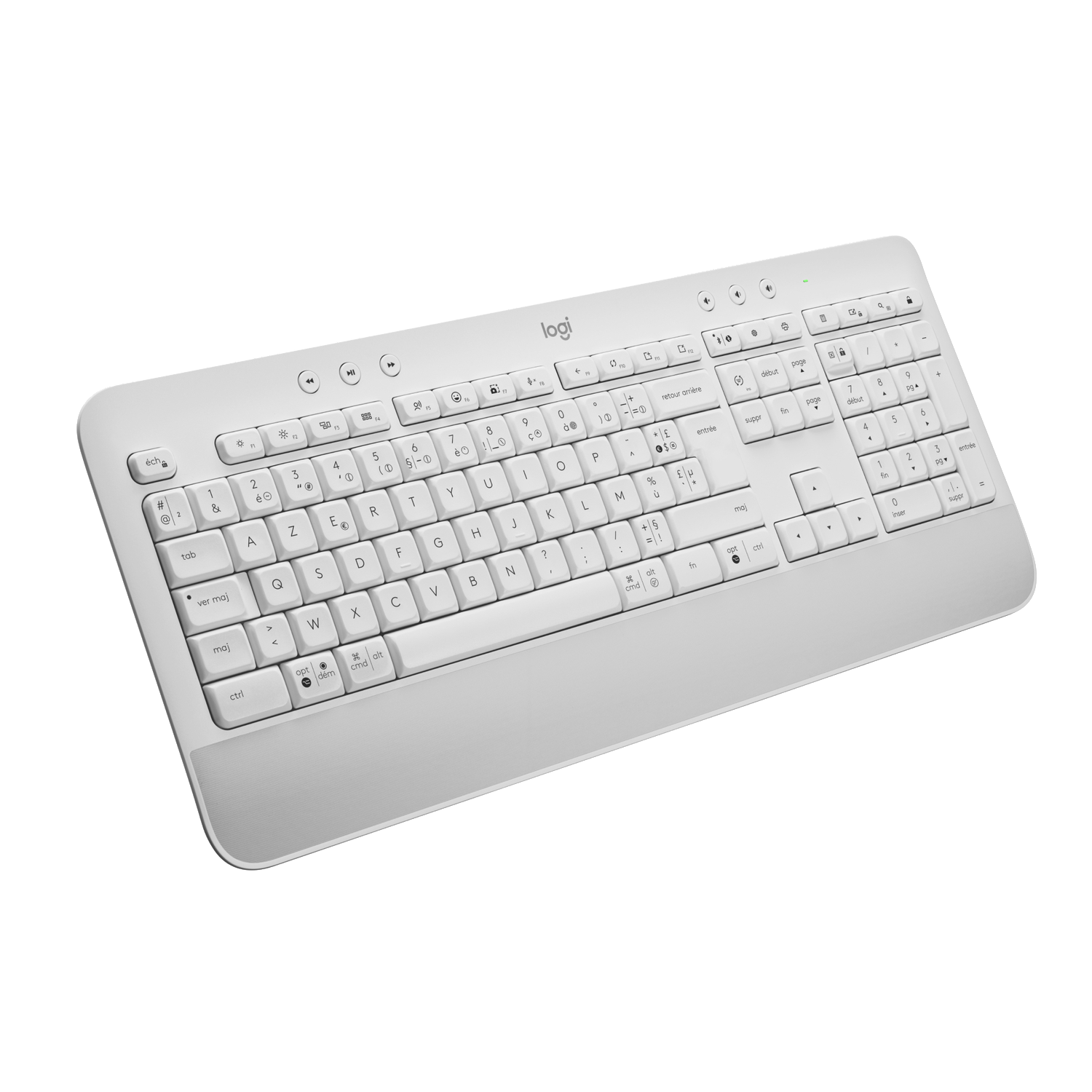 Clavier Logitech blanc avec un design minimaliste. Il possède un pavé numérique et des touches de fonction.