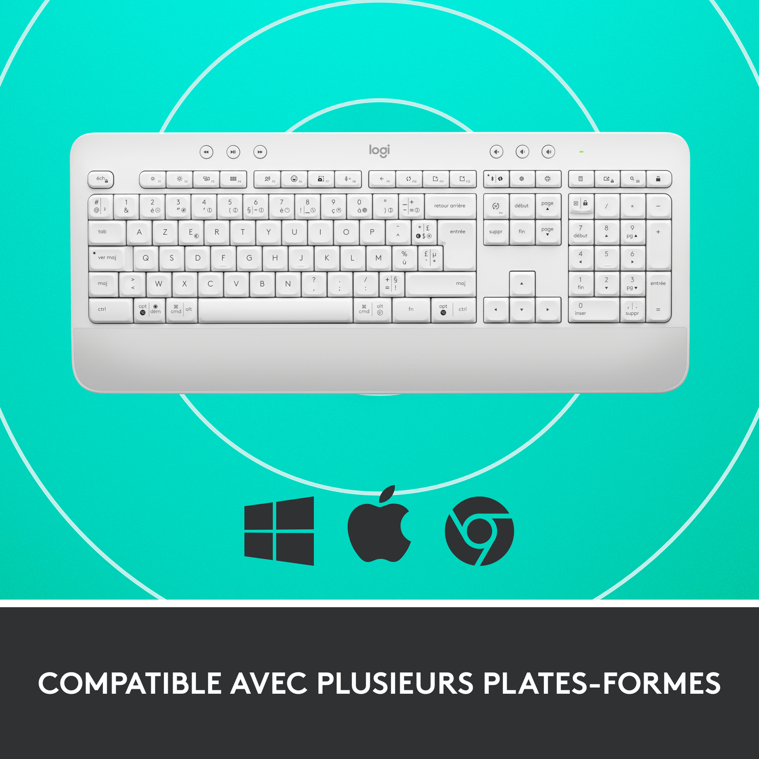 Clavier Logitech blanc avec les logos Windows, Apple et Chrome.