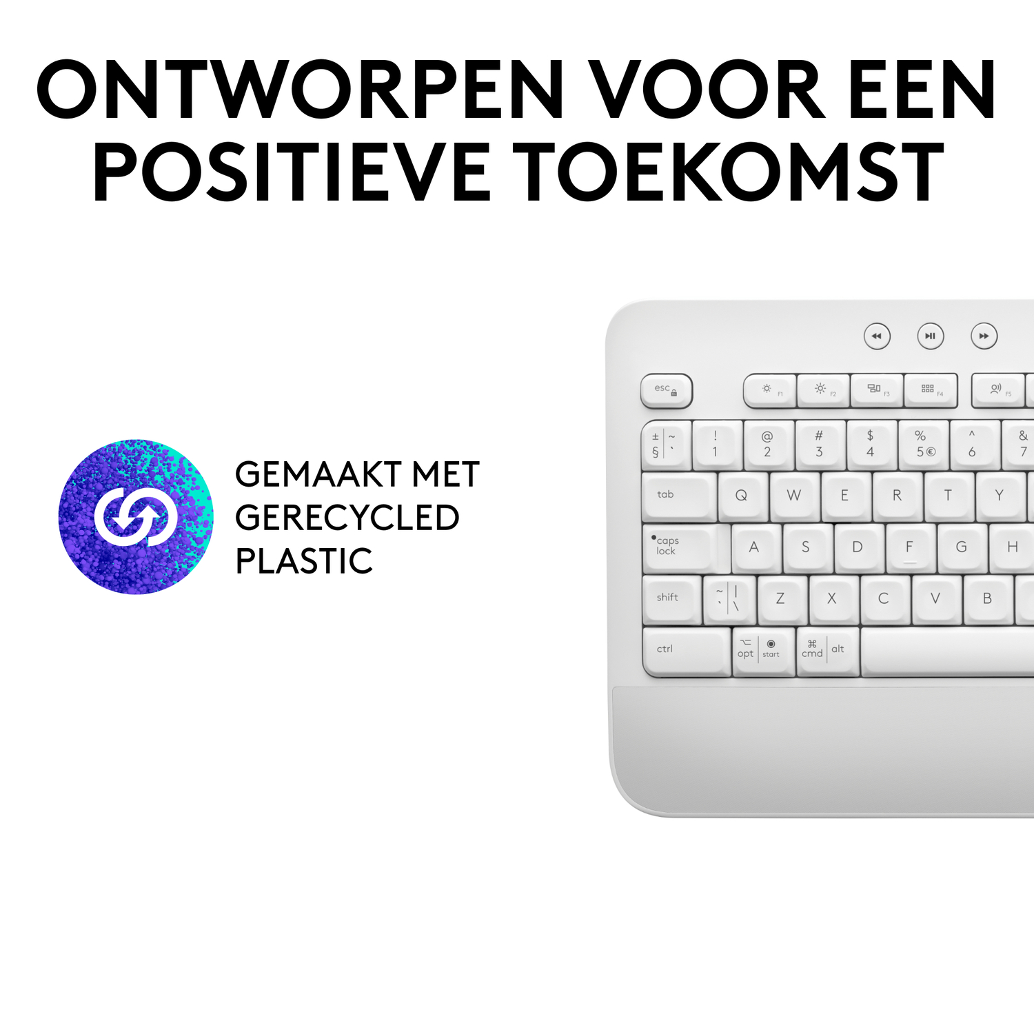 Een wit toetsenbord met een recyclinglogo en tekst.