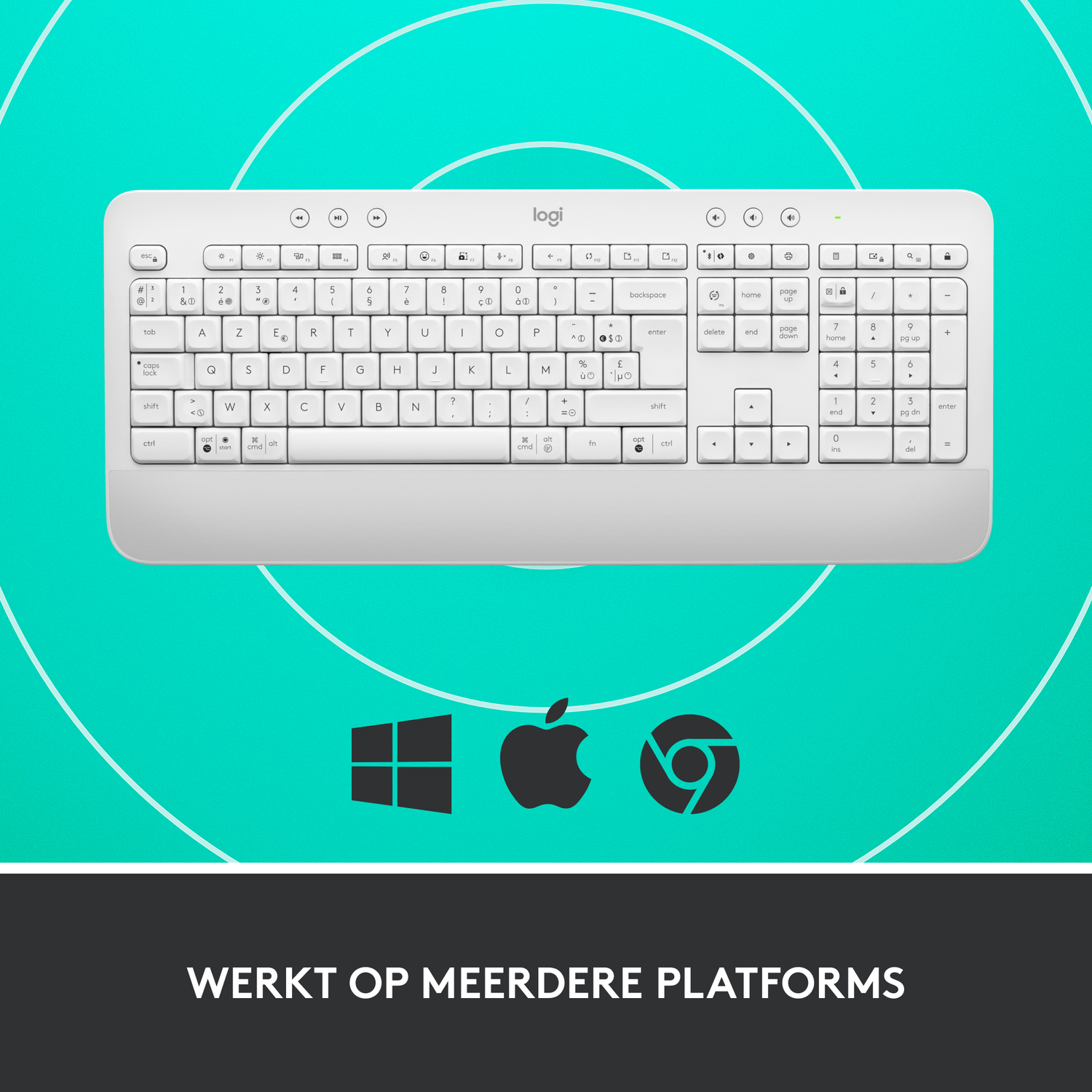 Wit toetsenbord met drie platformpictogrammen eronder.