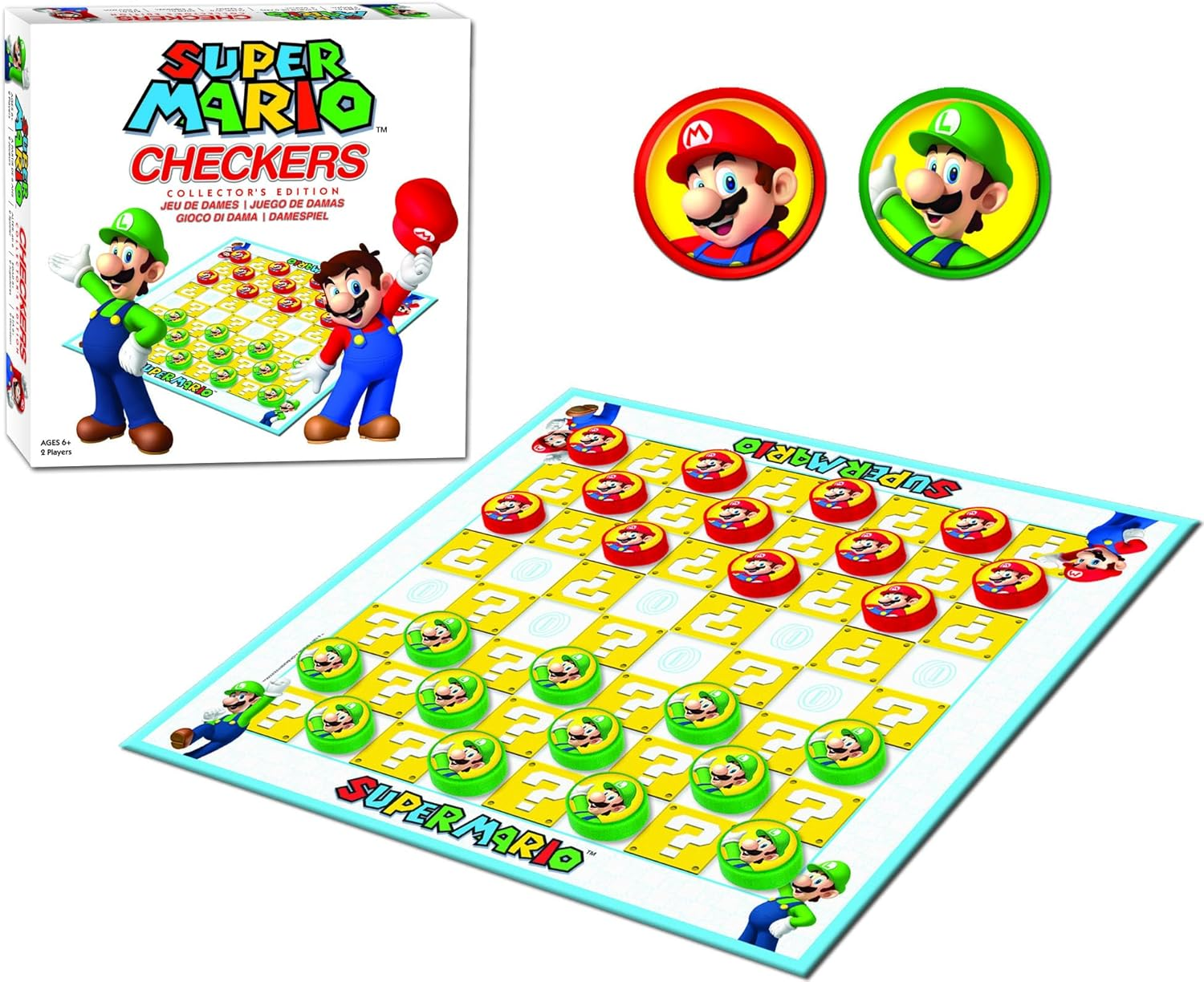Caja y tablero del juego Super Mario Checkers, con piezas de Mario y Luigi.