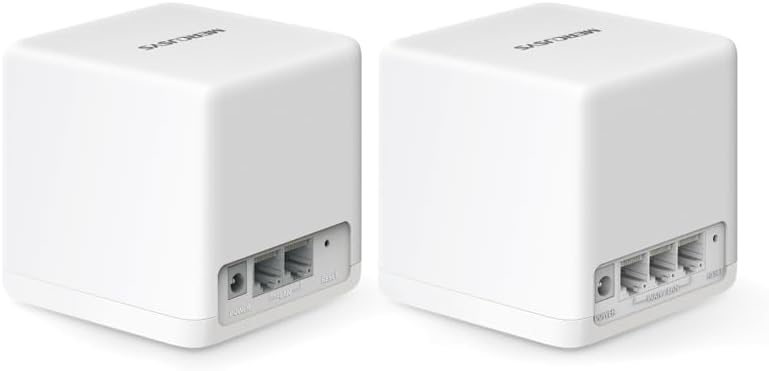 Dos dispositivos wifi de malla blancos. Cada uno tiene una etiqueta y puertos en la parte posterior.