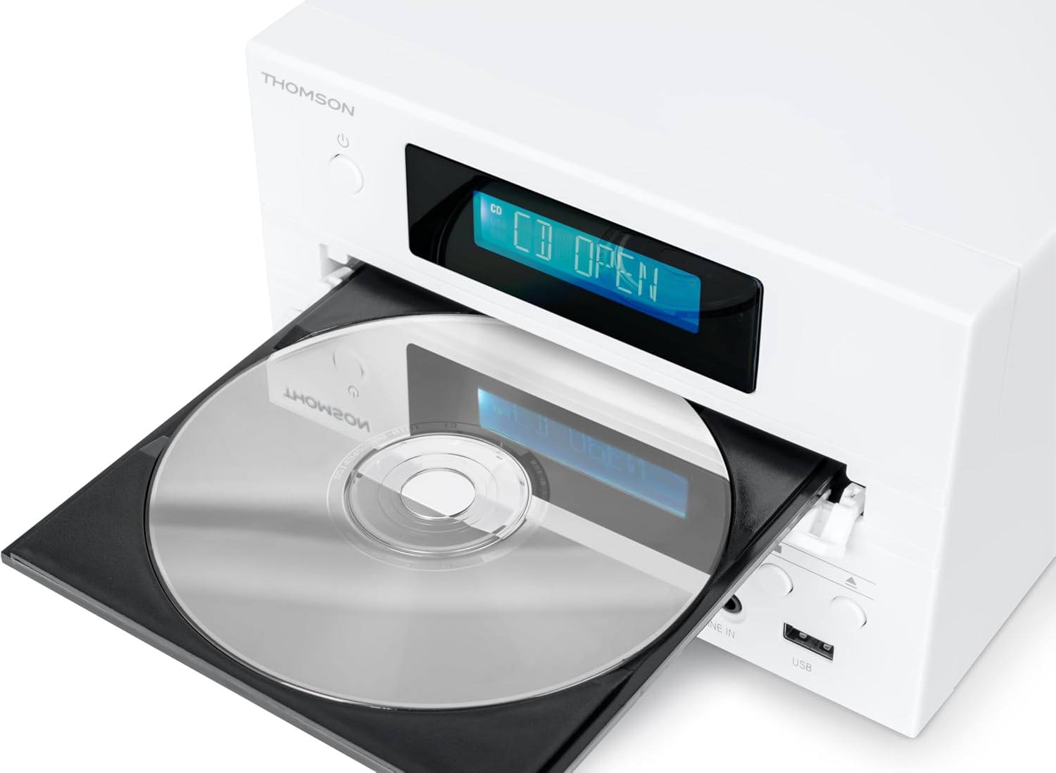Un reproductor de CD blanco con la bandeja abierta, mostrando un CD dentro.
