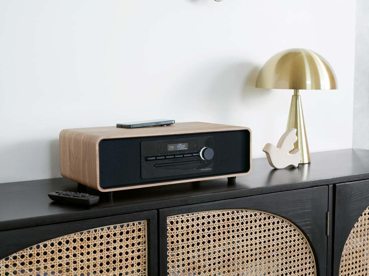 Sistema de audio en un mueble negro con un control remoto. Una lámpara y un pájaro decorativo están en el mueble.