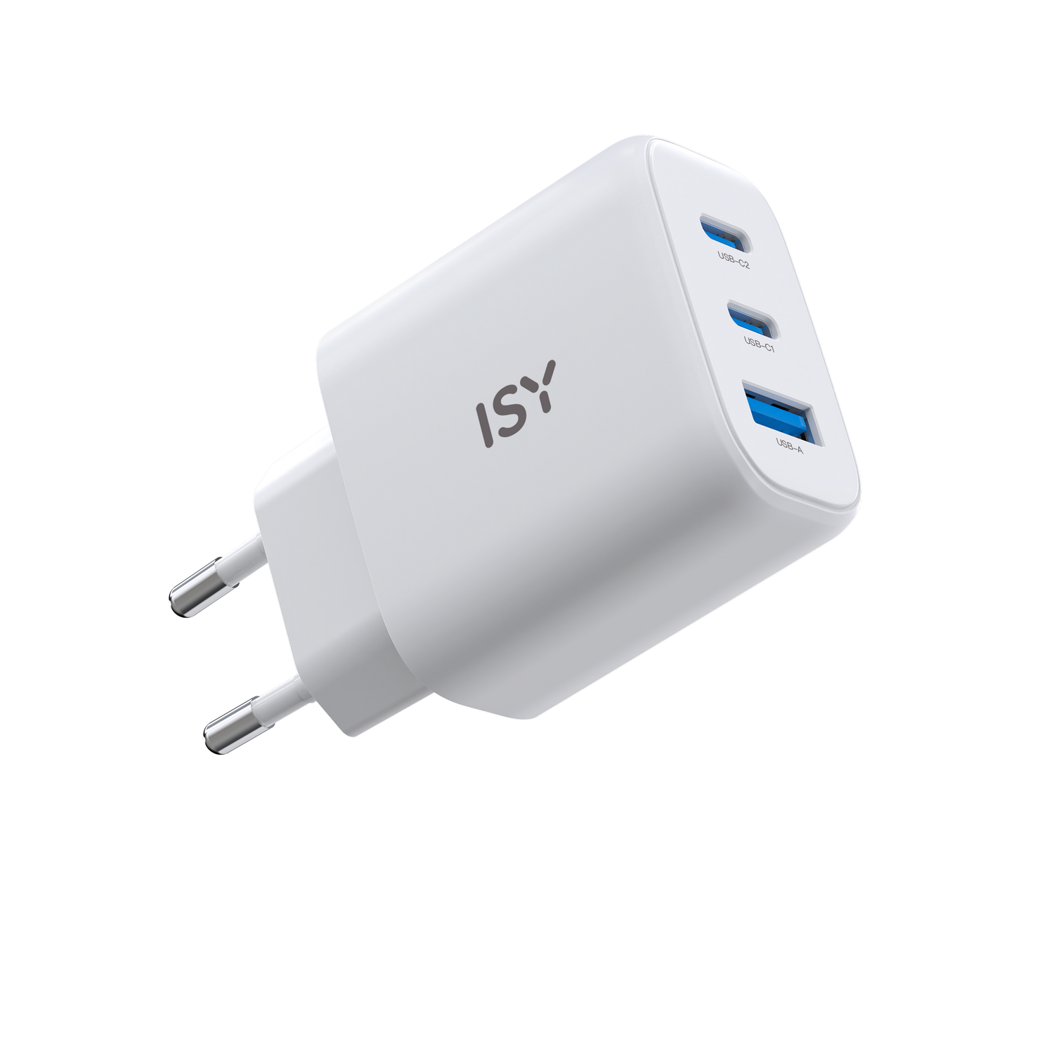 Cargador ISY blanco con tres puertos USB, vista en ángulo, aislado sobre negro.