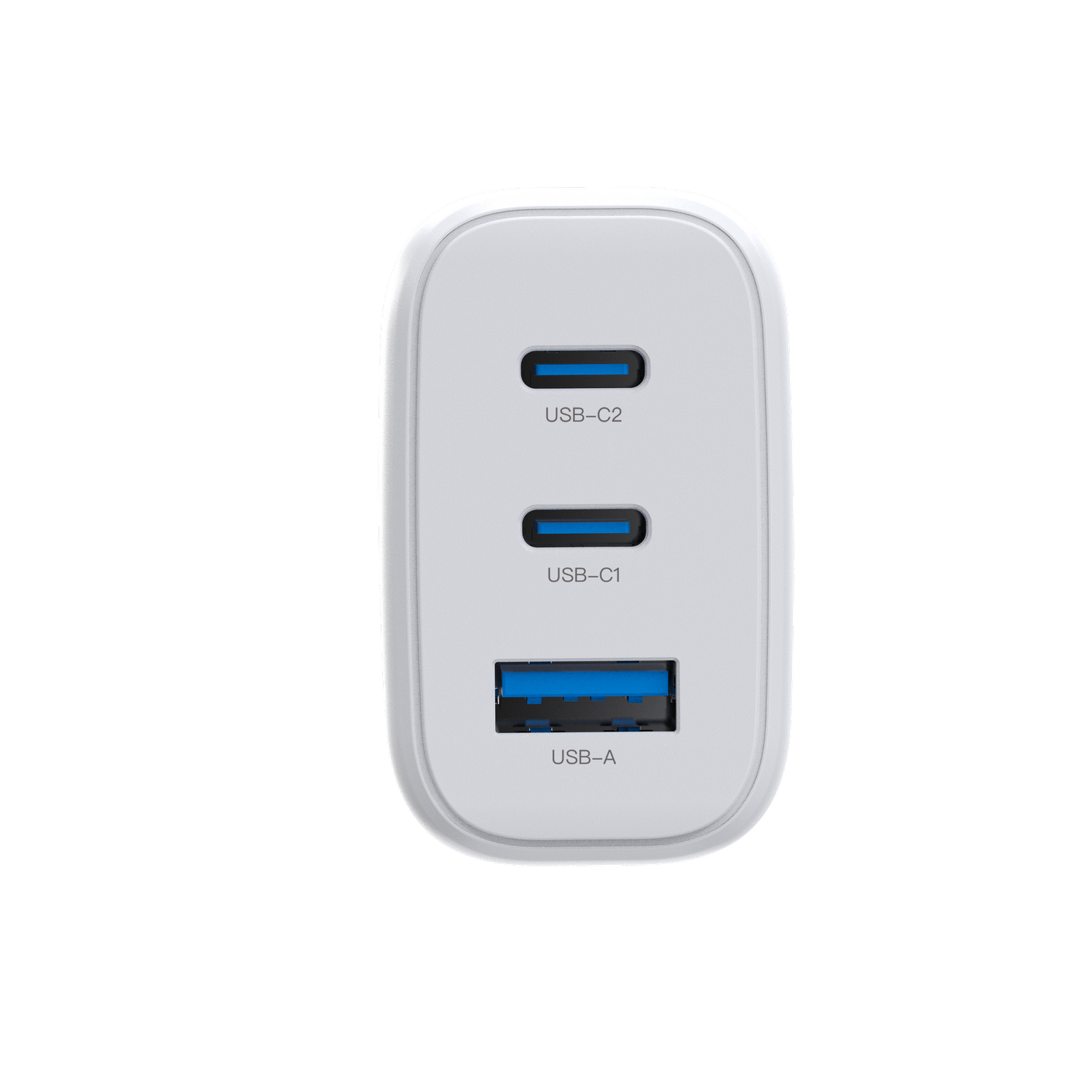 Un adaptador de corriente blanco con tres puertos USB etiquetados como USB-C2, USB-C1 y USB-A.