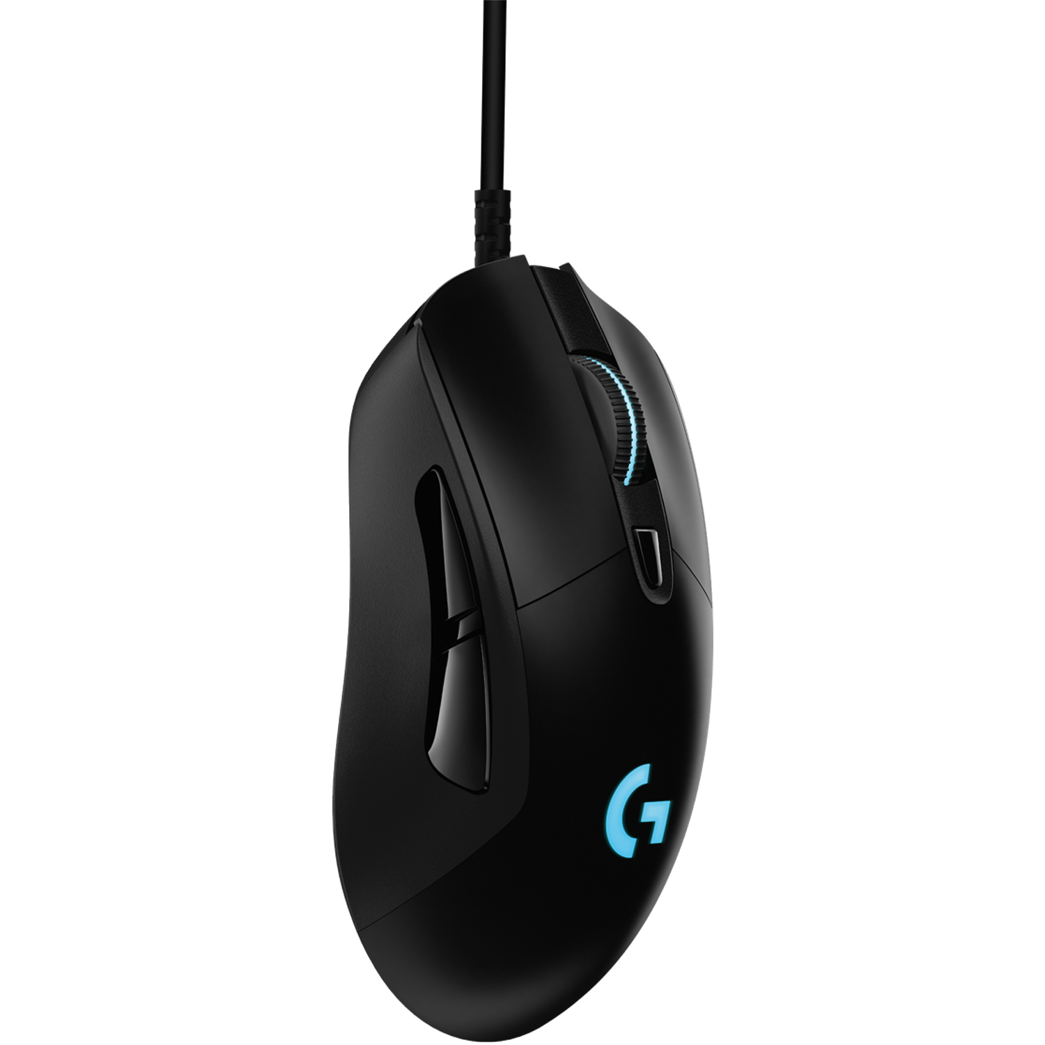 Zwarte gamingmuis met blauw licht, met een kabel en het Logitech-logo.
