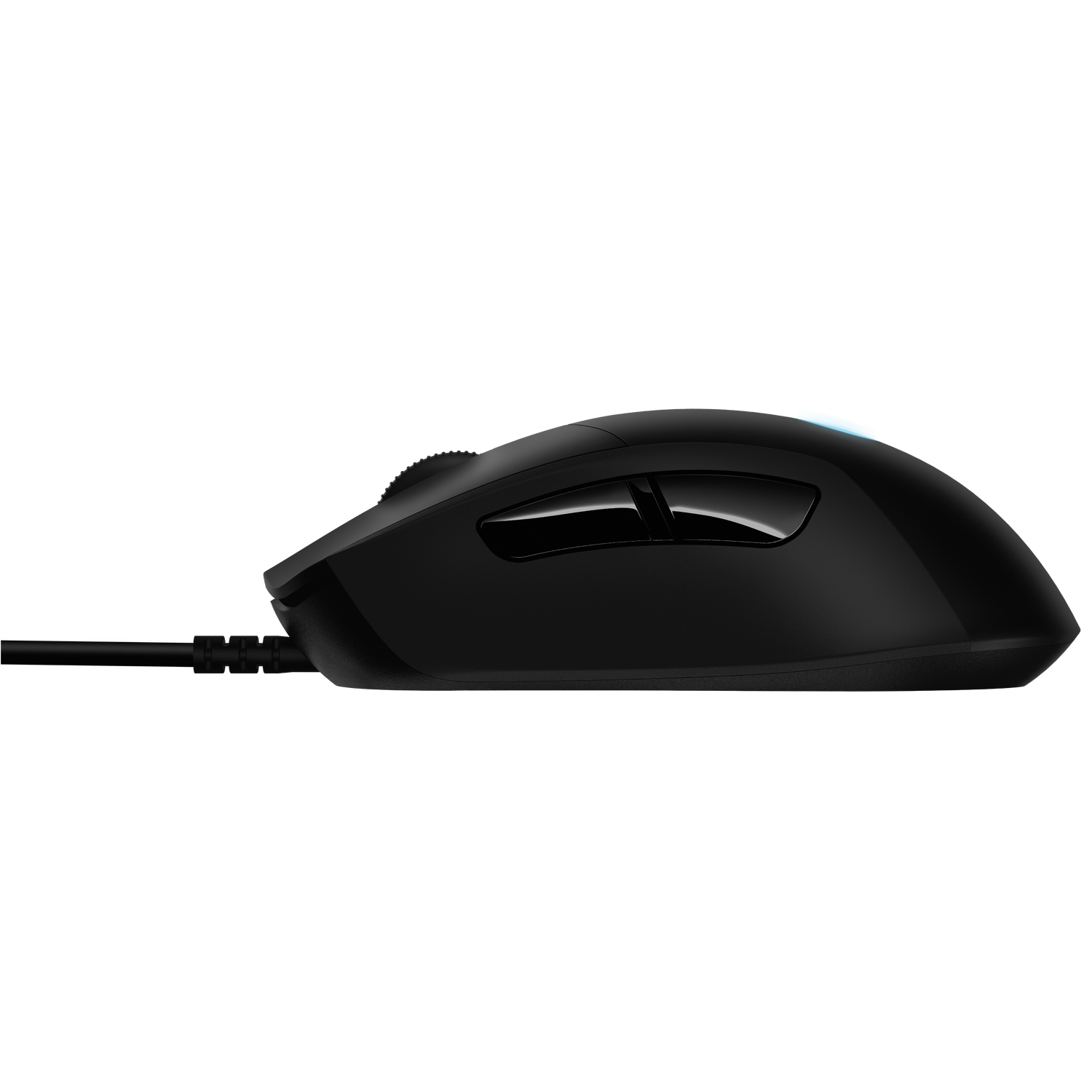 Zwarte computermuis, zijaanzicht, met scrollwiel, knoppen en een bedrade verbinding.