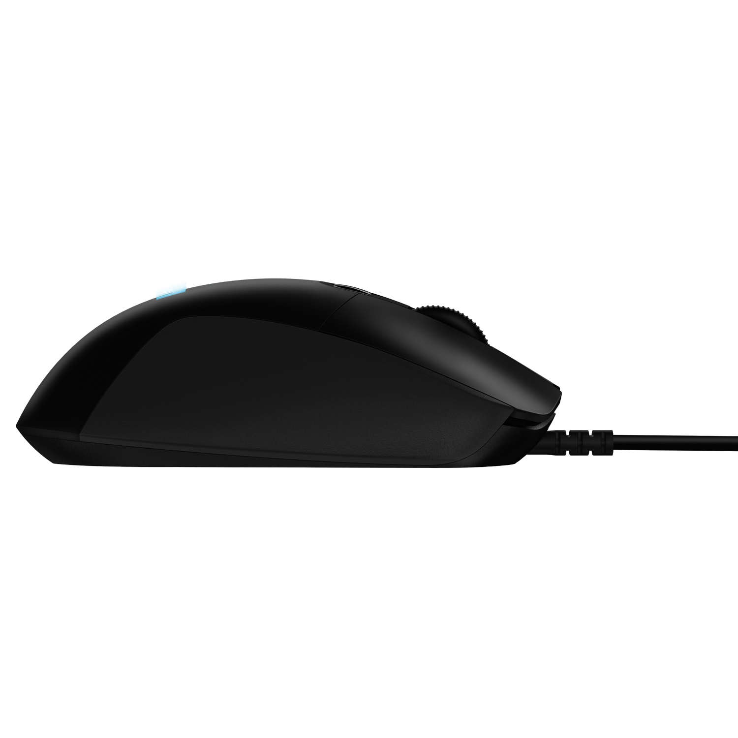 Zwarte computermuis, zijaanzicht, met een kabel.