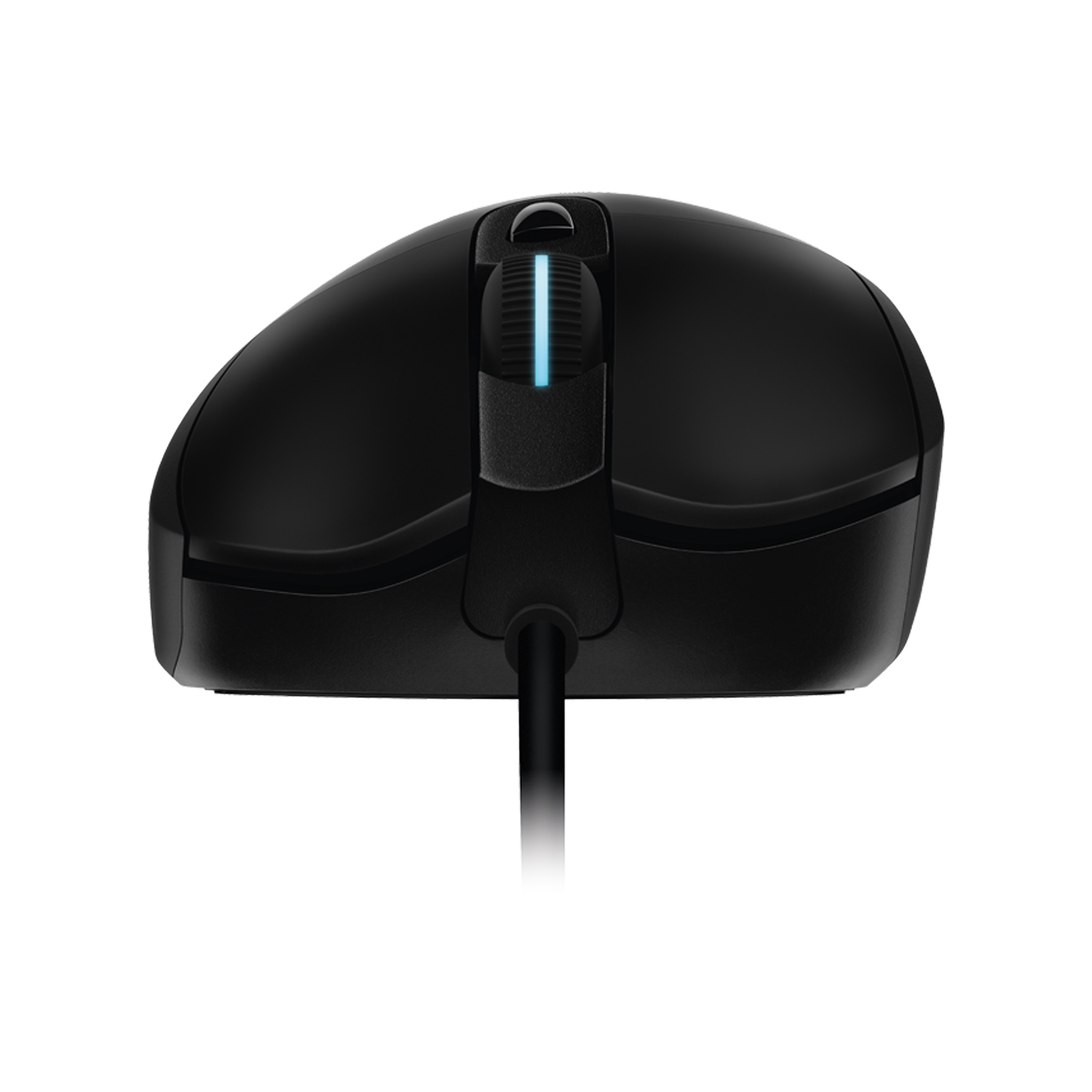 Zwarte computermuis met scrollwiel en kabel.
