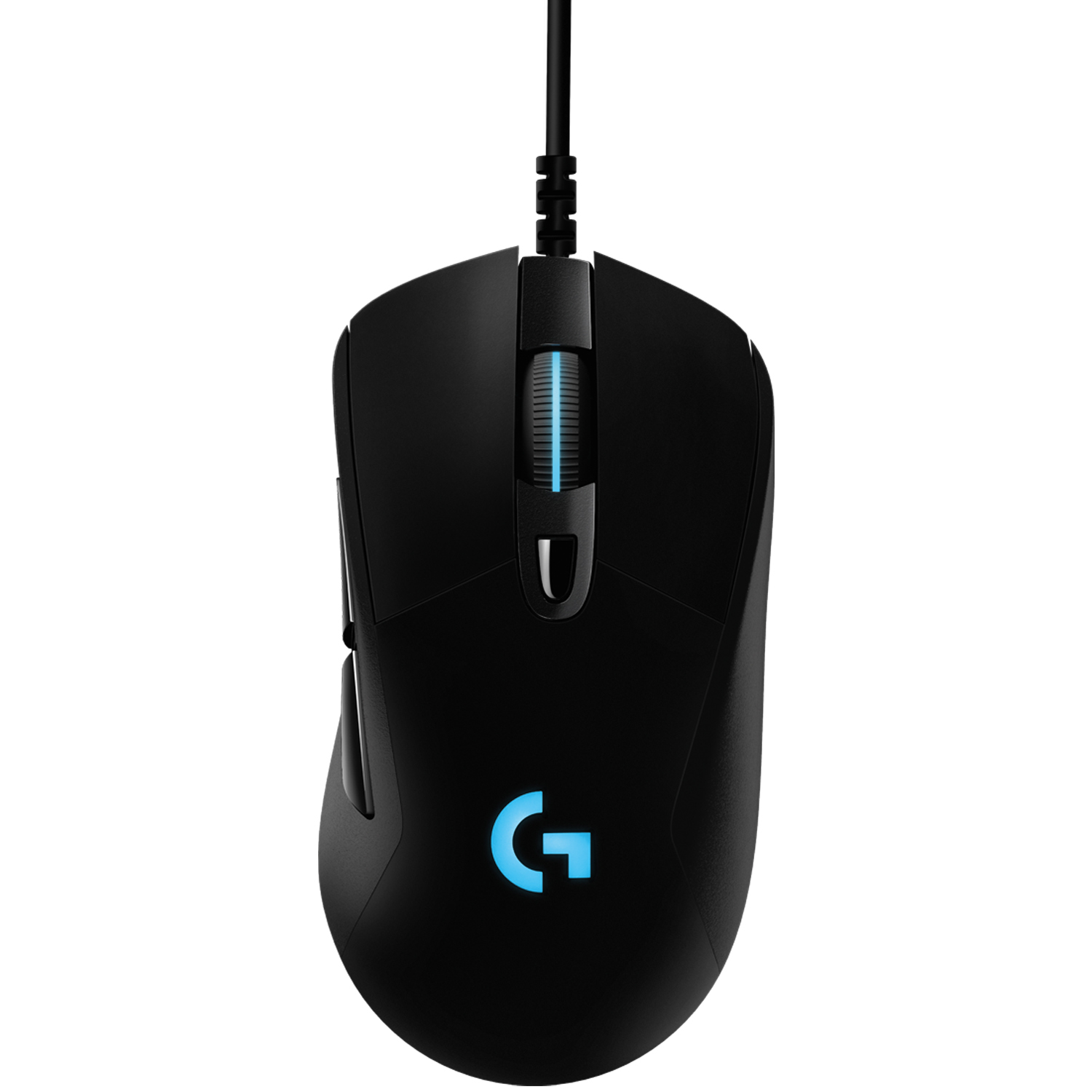 Zwarte muis met een blauw G-logo.