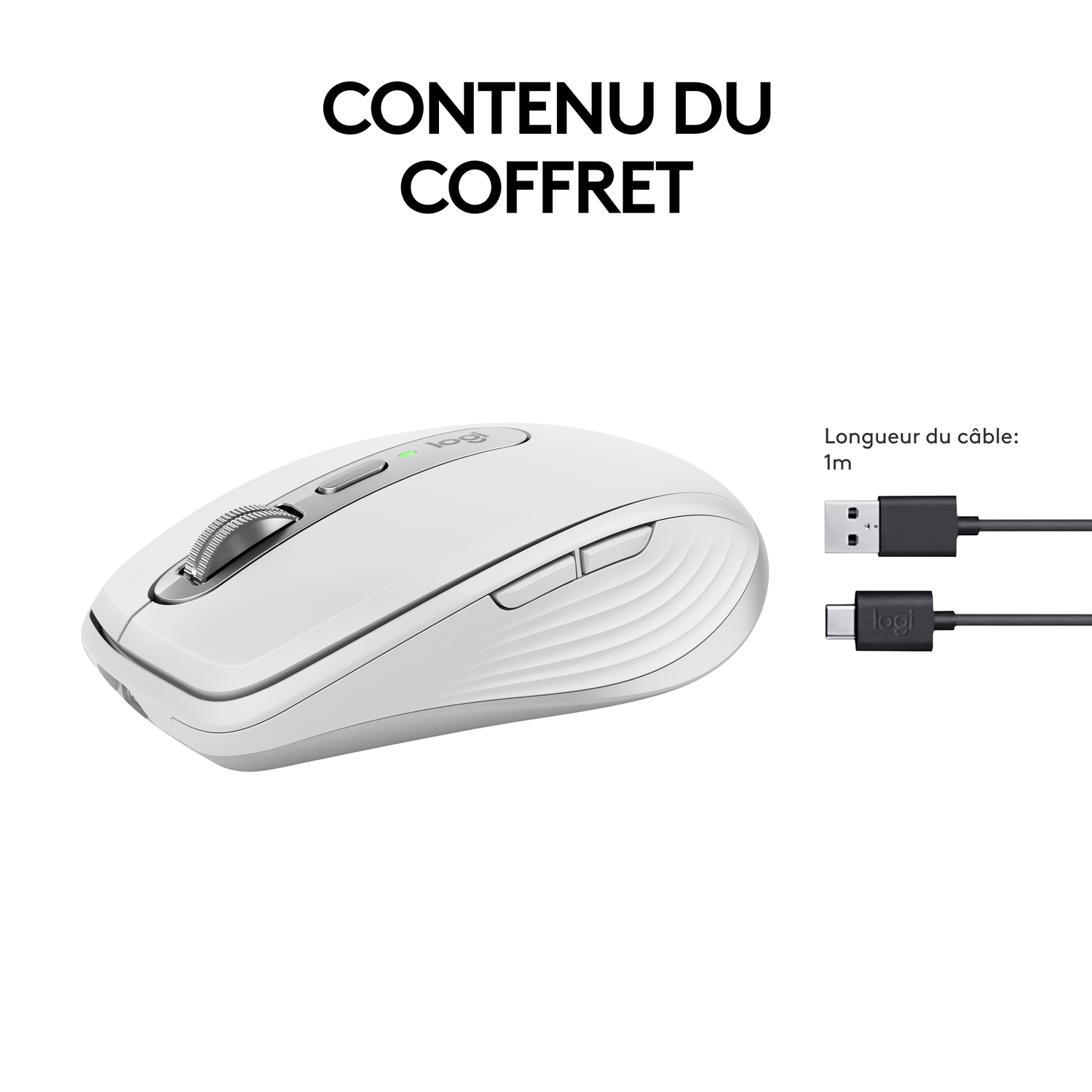 White Logitech mouse with a black USB and USB-C cables.