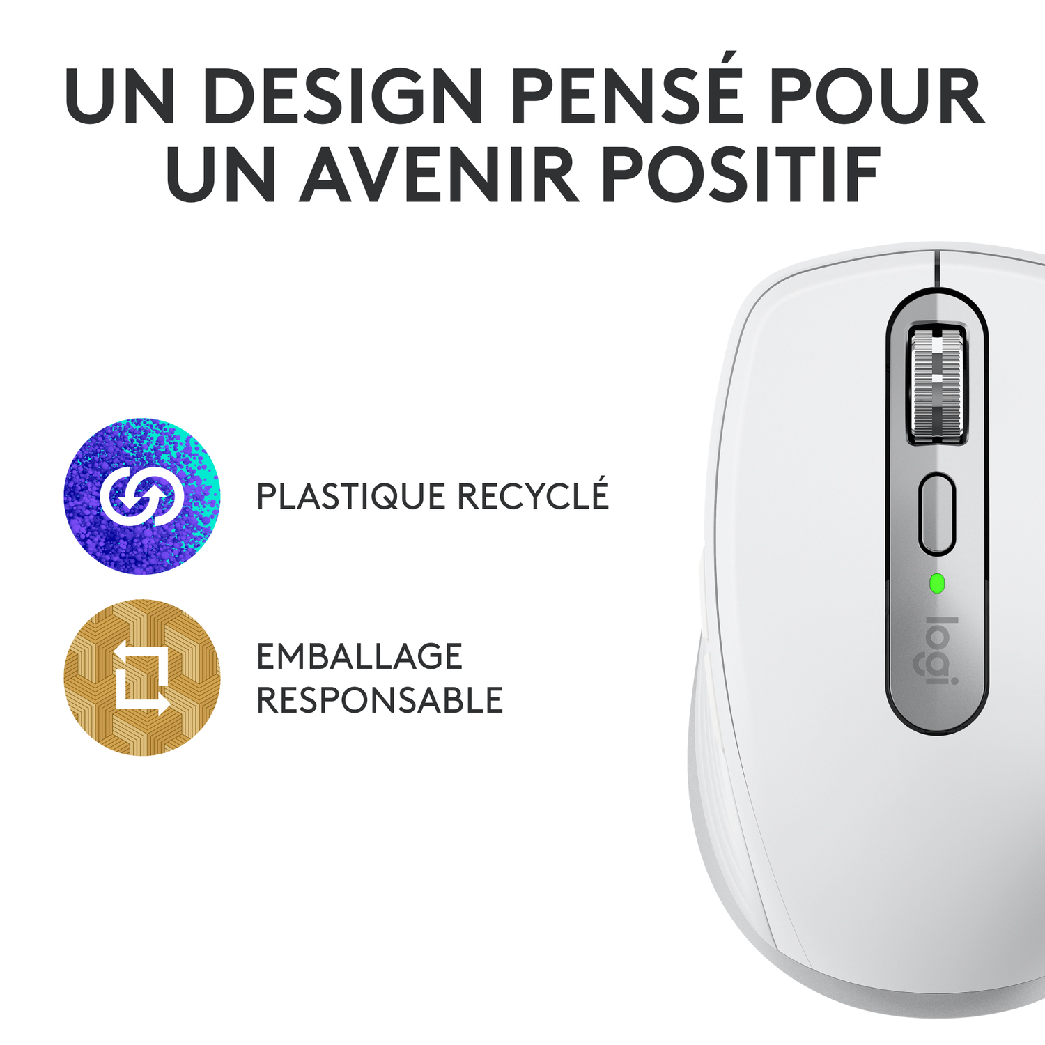 Souris d'ordinateur blanche avec des caractéristiques sur le recyclage et l'emballage.