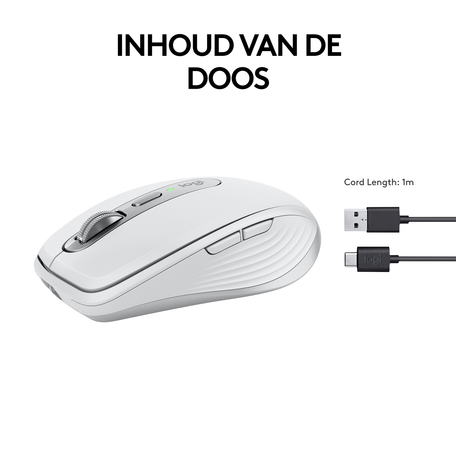 White mouse with a charging cable and USB/USB-C connectors. The text says 'Contents of the box'.