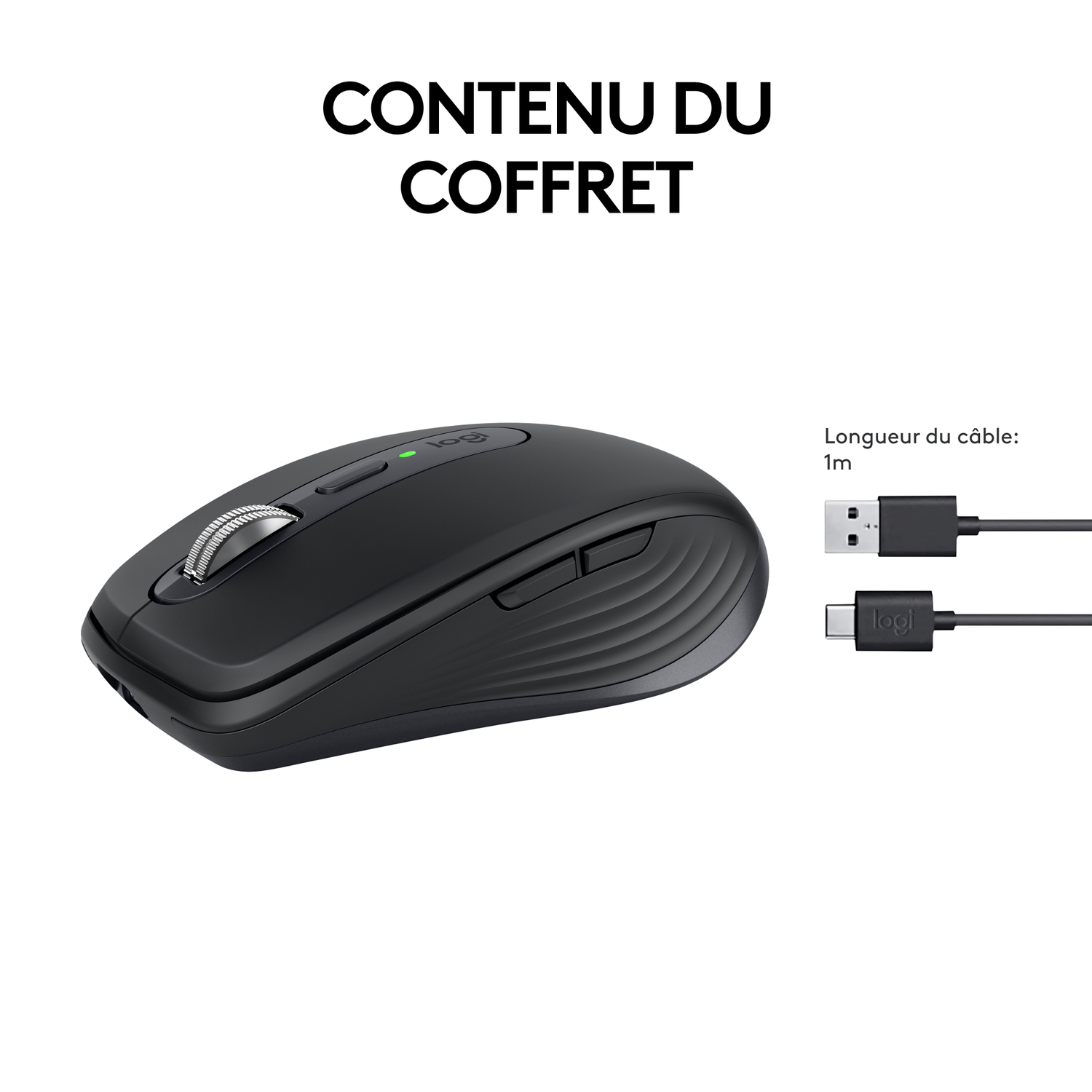 Souris noire et câbles de charge USB-C. Le texte dit : 'Contenu de la boîte'.