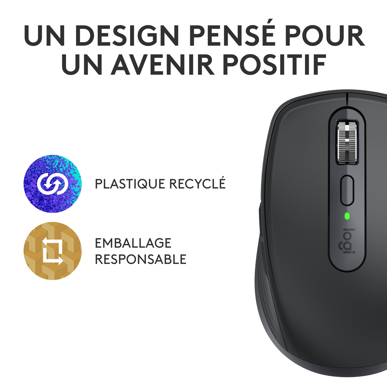 Souris d'ordinateur noire avec icônes et texte. Symboles incluent plastique recyclé et emballage responsable.