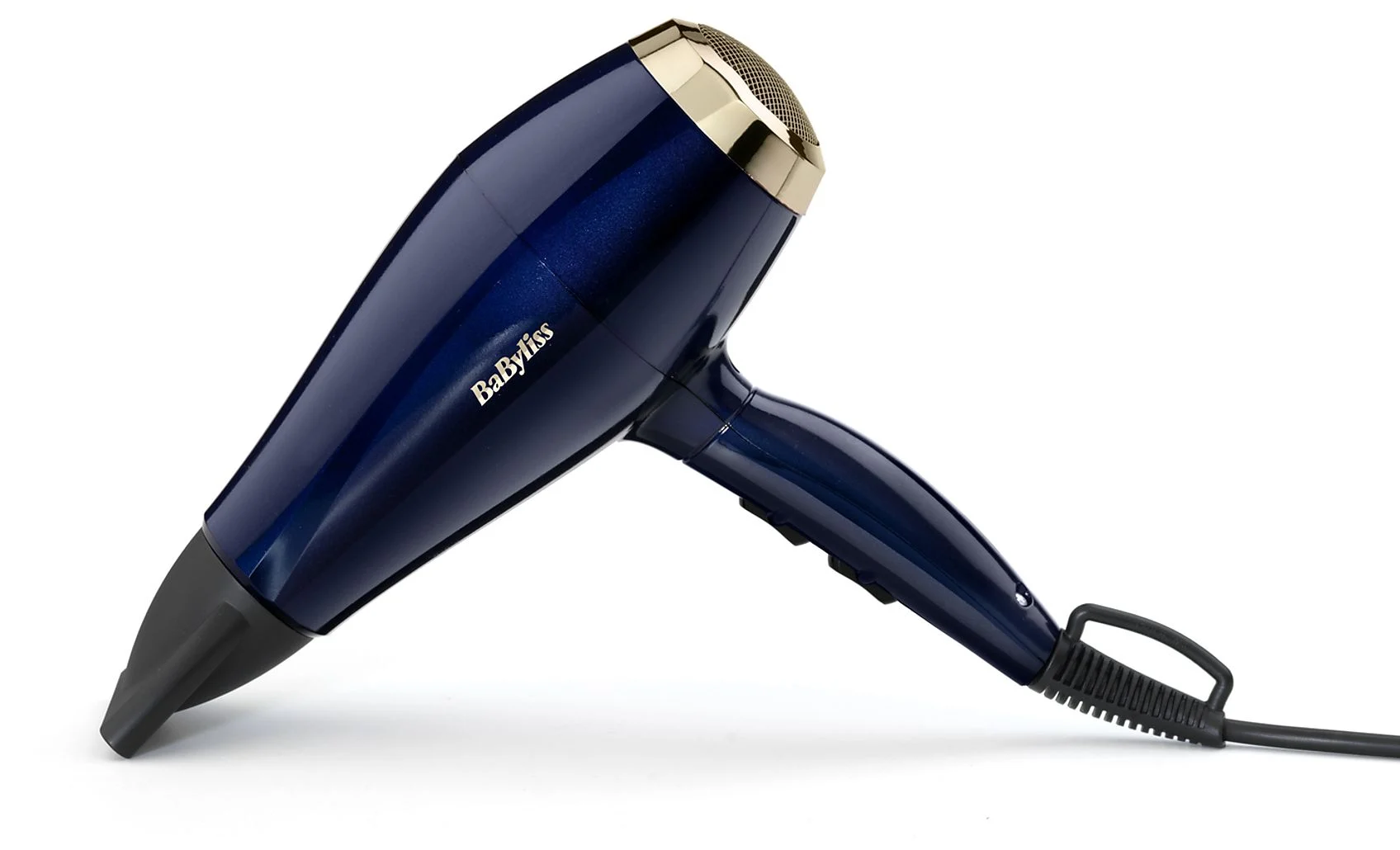 Kék és arany hajszárító a 'Babyliss' névvel.