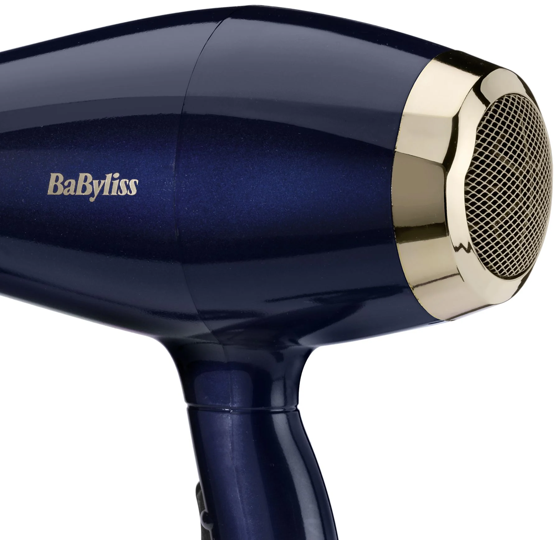 Kék hajszárító közeli képe arany fém fúvókával és a 'BaByliss' logóval.