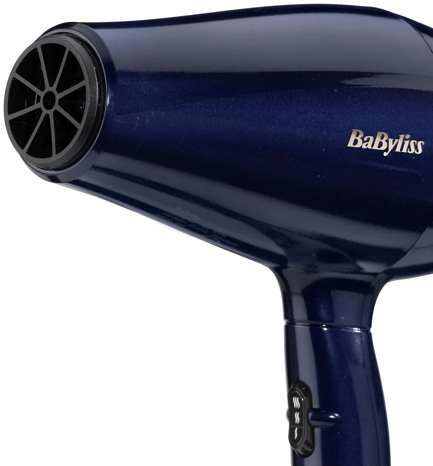 Kék hajszárító fekete fúvókával és a Babyliss logóval.