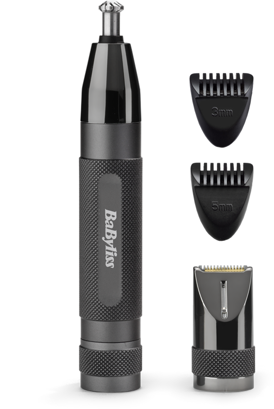 Fekete orrszőrnyíró tartozékokkal, a 'Babyliss' névvel.