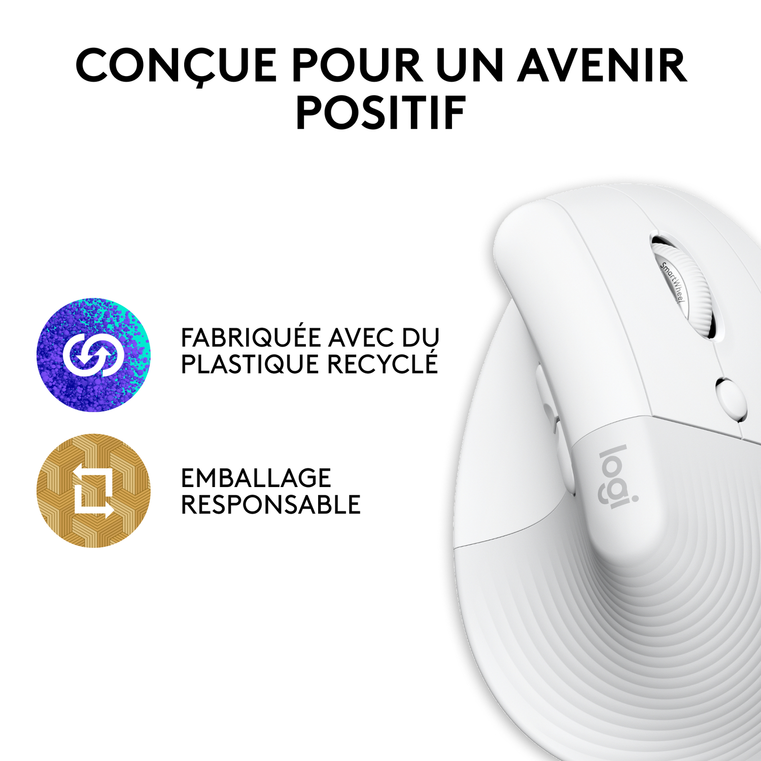 Une souris ergonomique blanche avec des descriptions. Le fond est blanc.