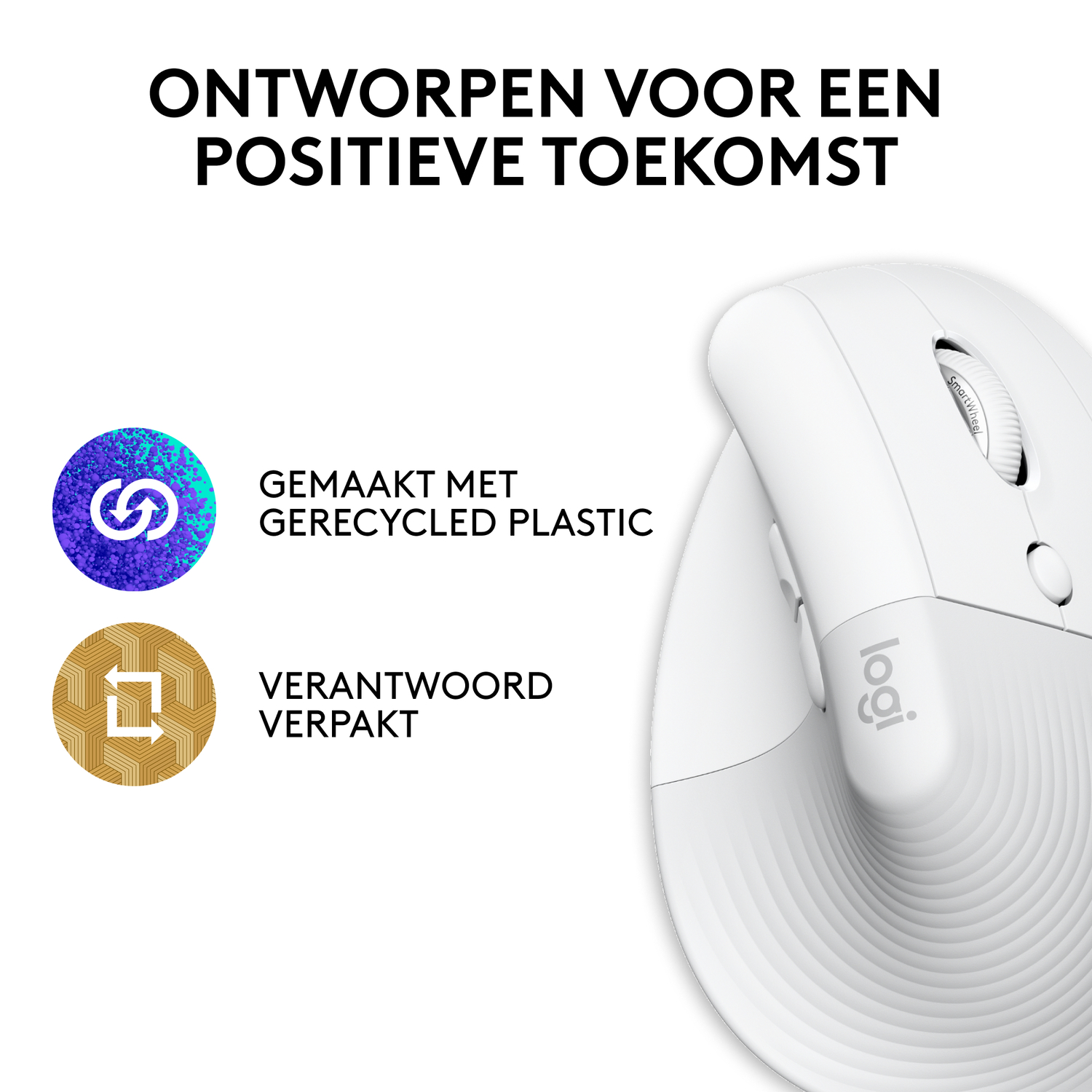 Een witte ergonomische muis met afbeeldingen van gerecycled plastic en verantwoorde verpakking.